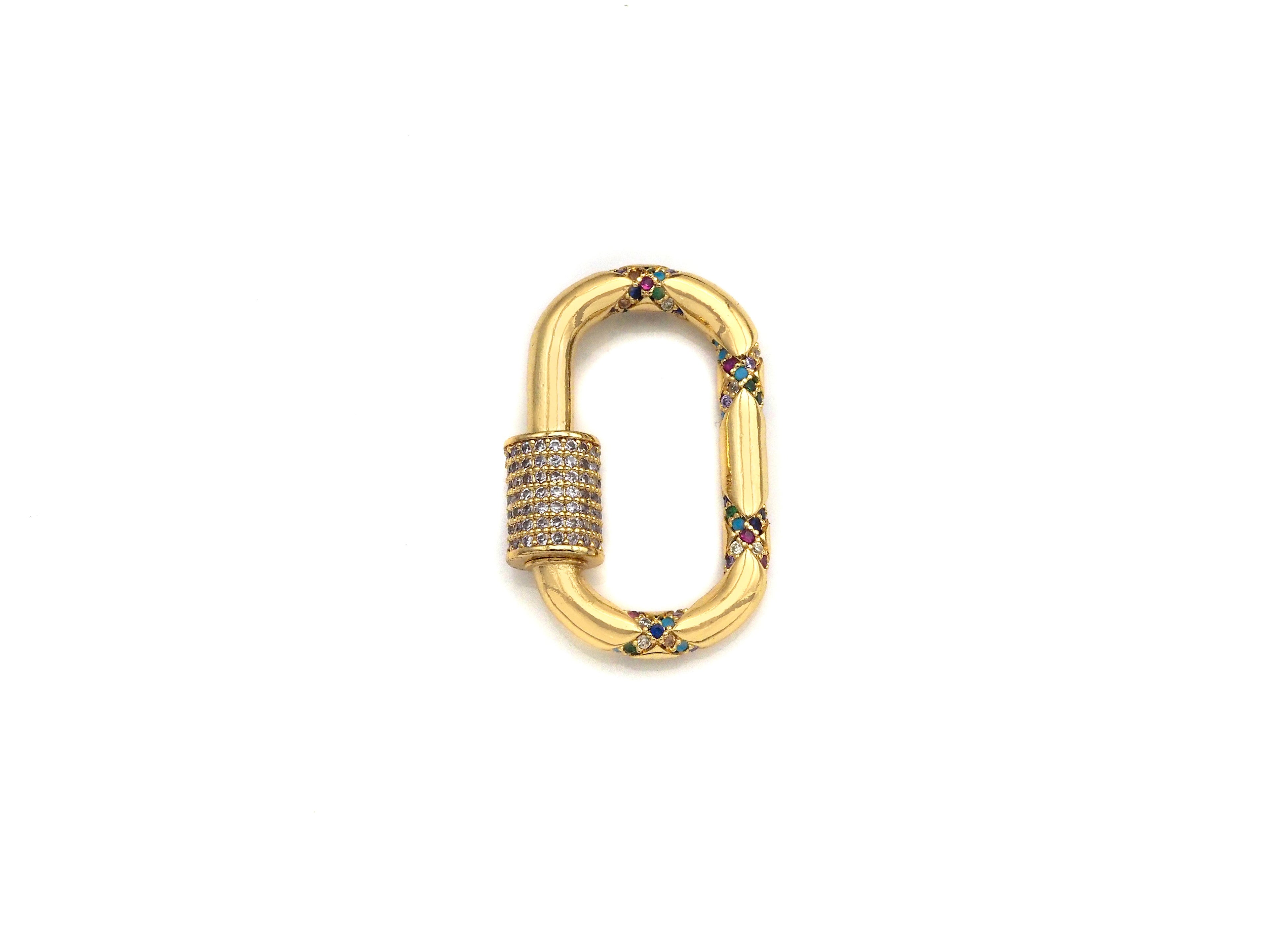 Gold Micro Pave Oval Clasp with Colorful CZ Cross Patten, Oval Lock, CZ Pave carabiner Clasp, 19X30mm, sku#H266