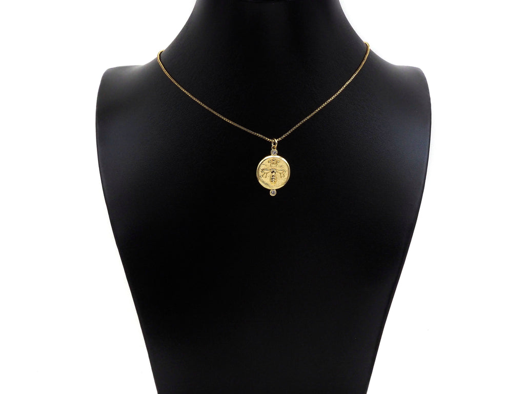 CZ Micro Pave Bee Crown On Round Coin Pendant/Charm, Bracelet Necklace CZ  Round Pendant Charm, Silver/Gold Tone,18x26mm,Sku#L460