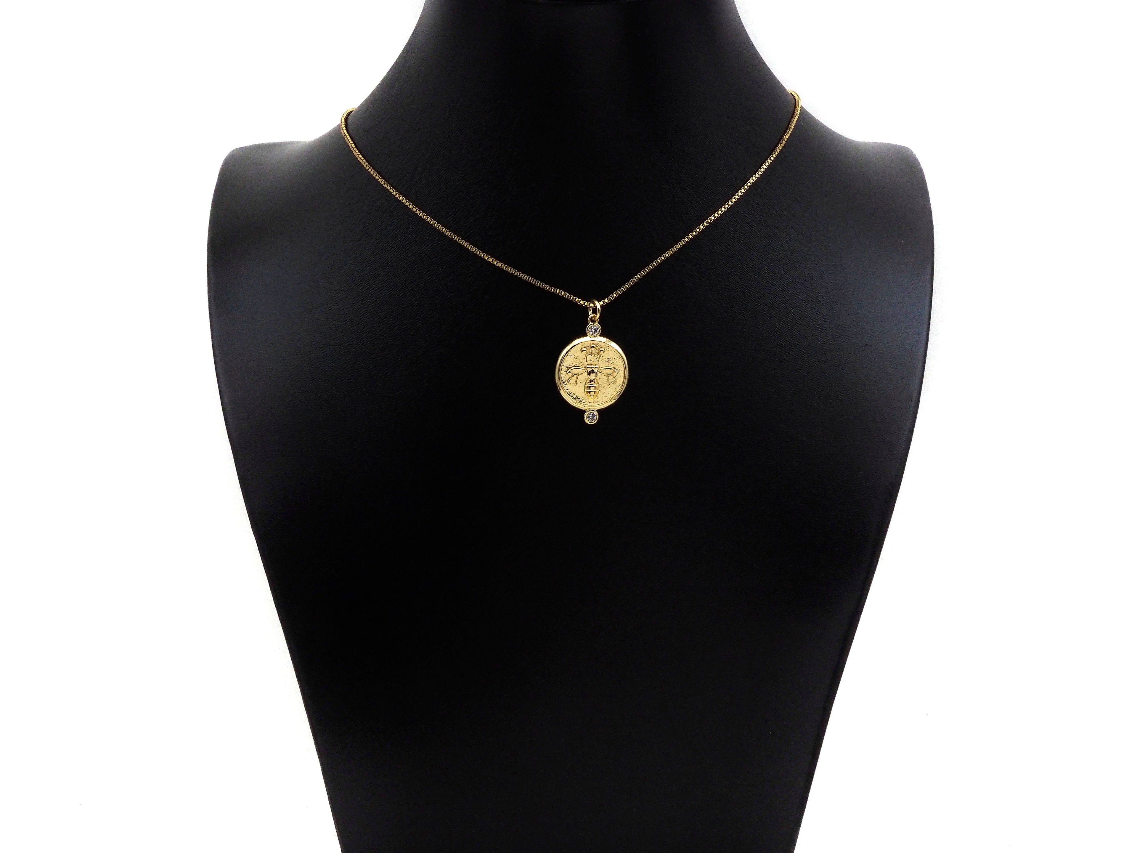 CZ Micro Pave Bee Crown On Round Coin Pendant/Charm, Bracelet Necklace CZ  Round Pendant Charm, Silver/Gold Tone,18x26mm,Sku#L460