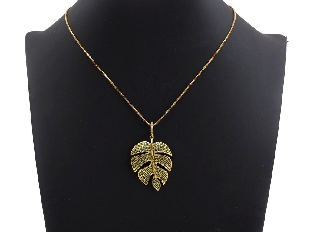 Green CZ Micro Pave Large Leaf  Pendant/Charm, Leaf Cubic Zirconia Pendant, 31x42mm,Sku#F1071