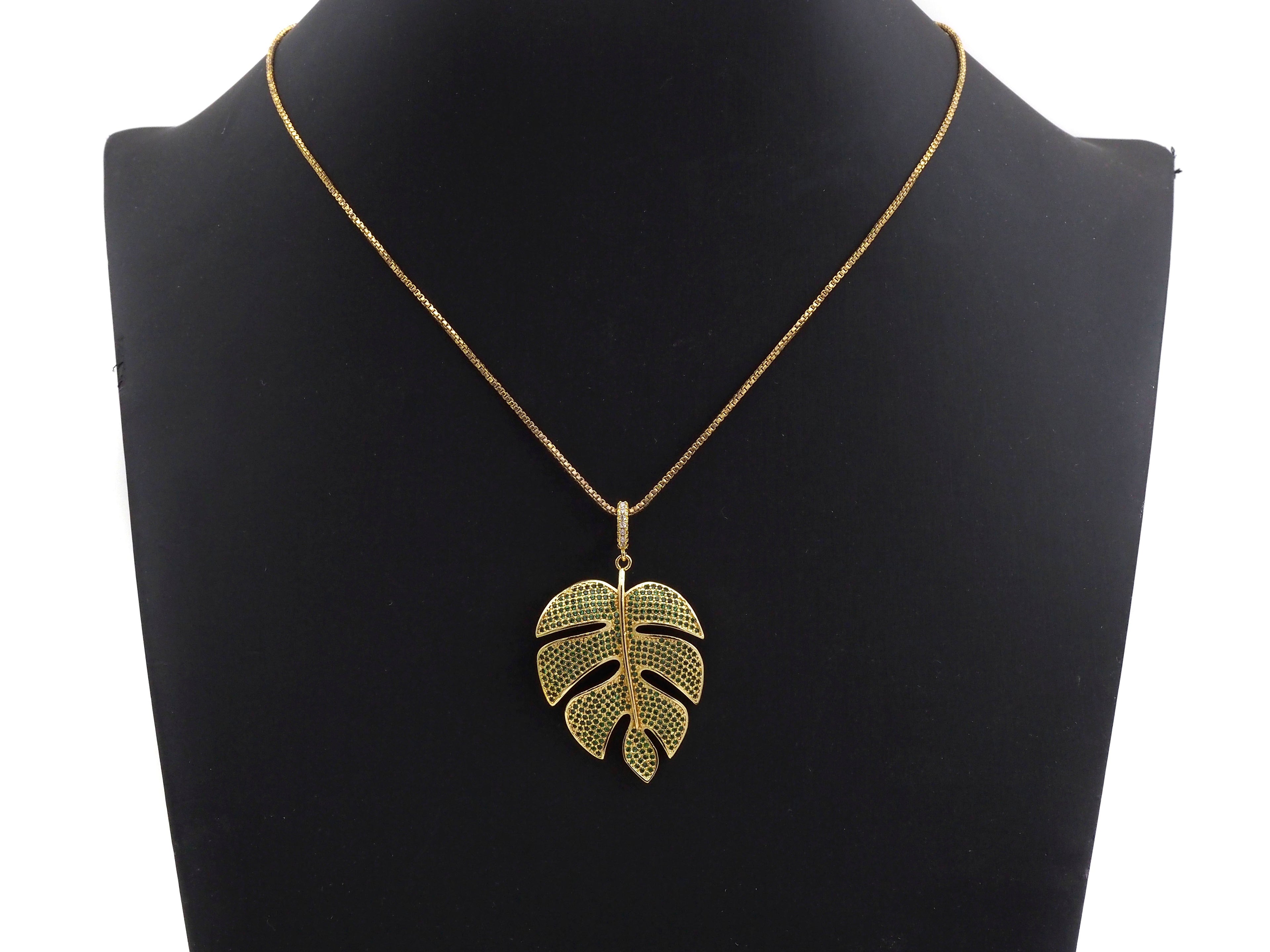 Green CZ Micro Pave Large Leaf  Pendant/Charm, Leaf Cubic Zirconia Pendant, 31x42mm,Sku#F1071
