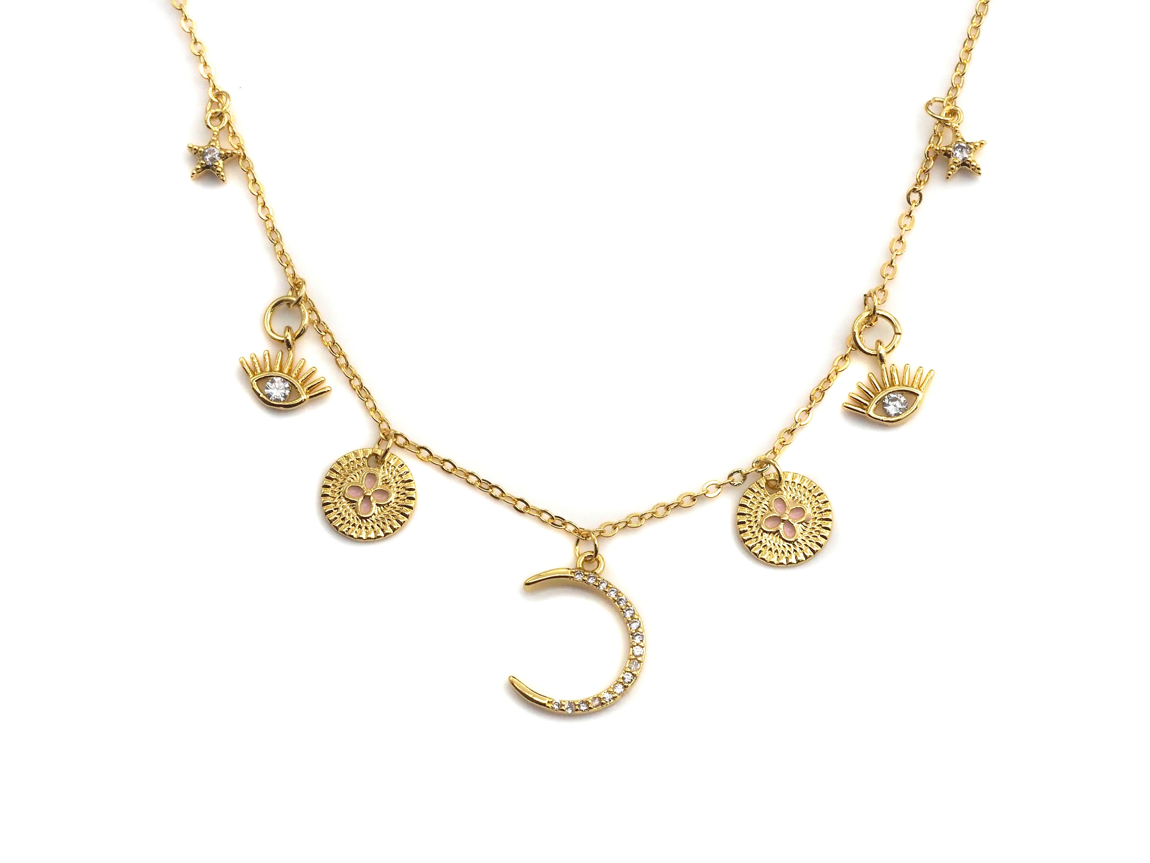 Gold Moon Star Eye Charm Necklace, sku#Z723