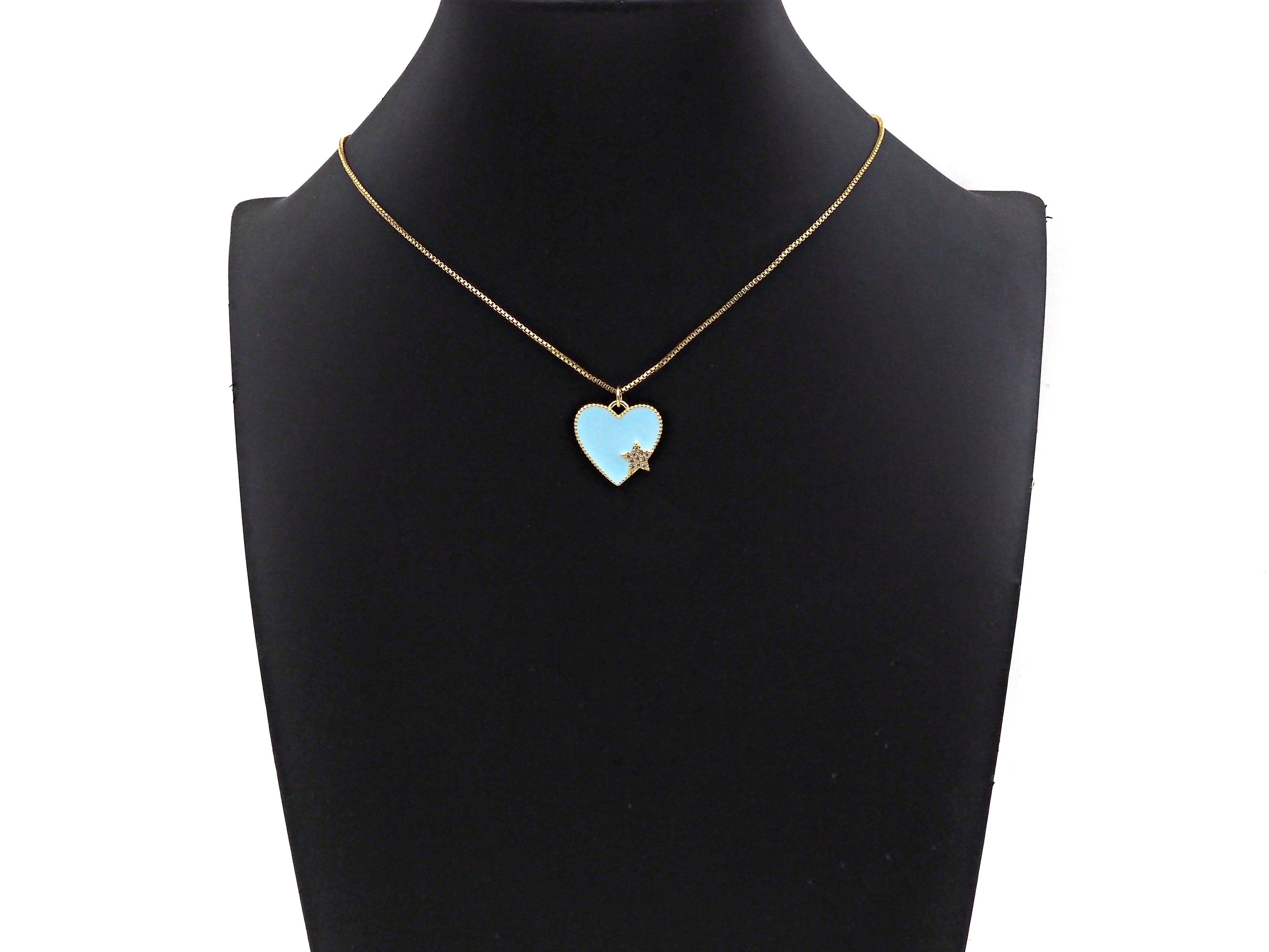 Clear Micro Pave CZ  Star On Enamel Heart Pendant with Gold Finish,Red Blue White Enamel Heart, Colorful Enamel Heart, 20x20mm, sku#LK164