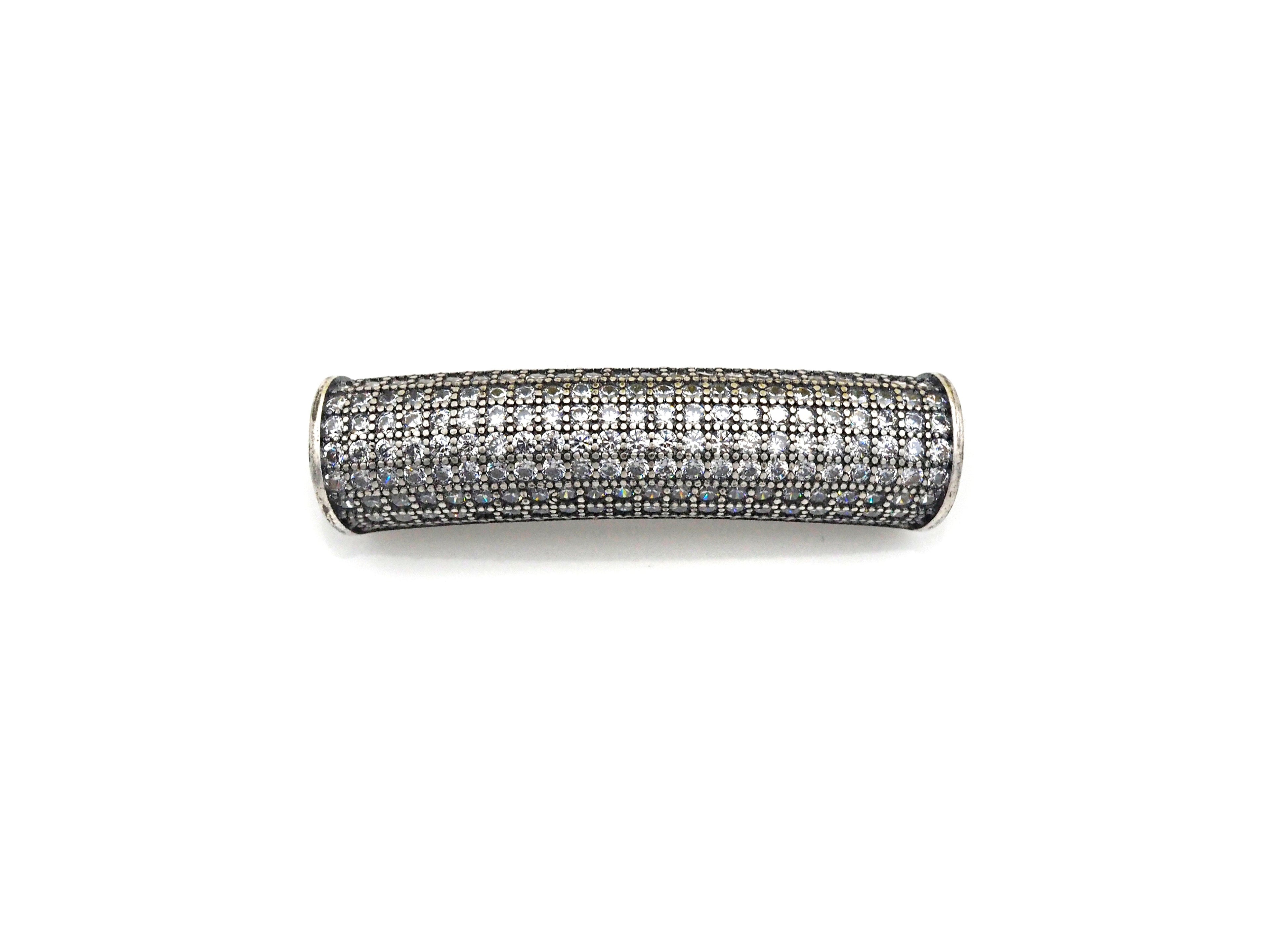Rhodium CZ Micro Pave Half Full Pave Tube, Antique Silver Tone, Cubic Zirconia Pave Separator Tube Beads,39x10mm,sku#X128