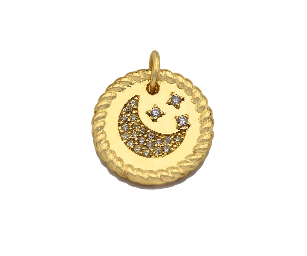 CZ Micro Pave Cresent Moon Star On Round Coin Pendant, Bracelet Necklace CZ  Round Coin Pendant Charm, Silver/Gold Tone,16x16mm,sku#L461