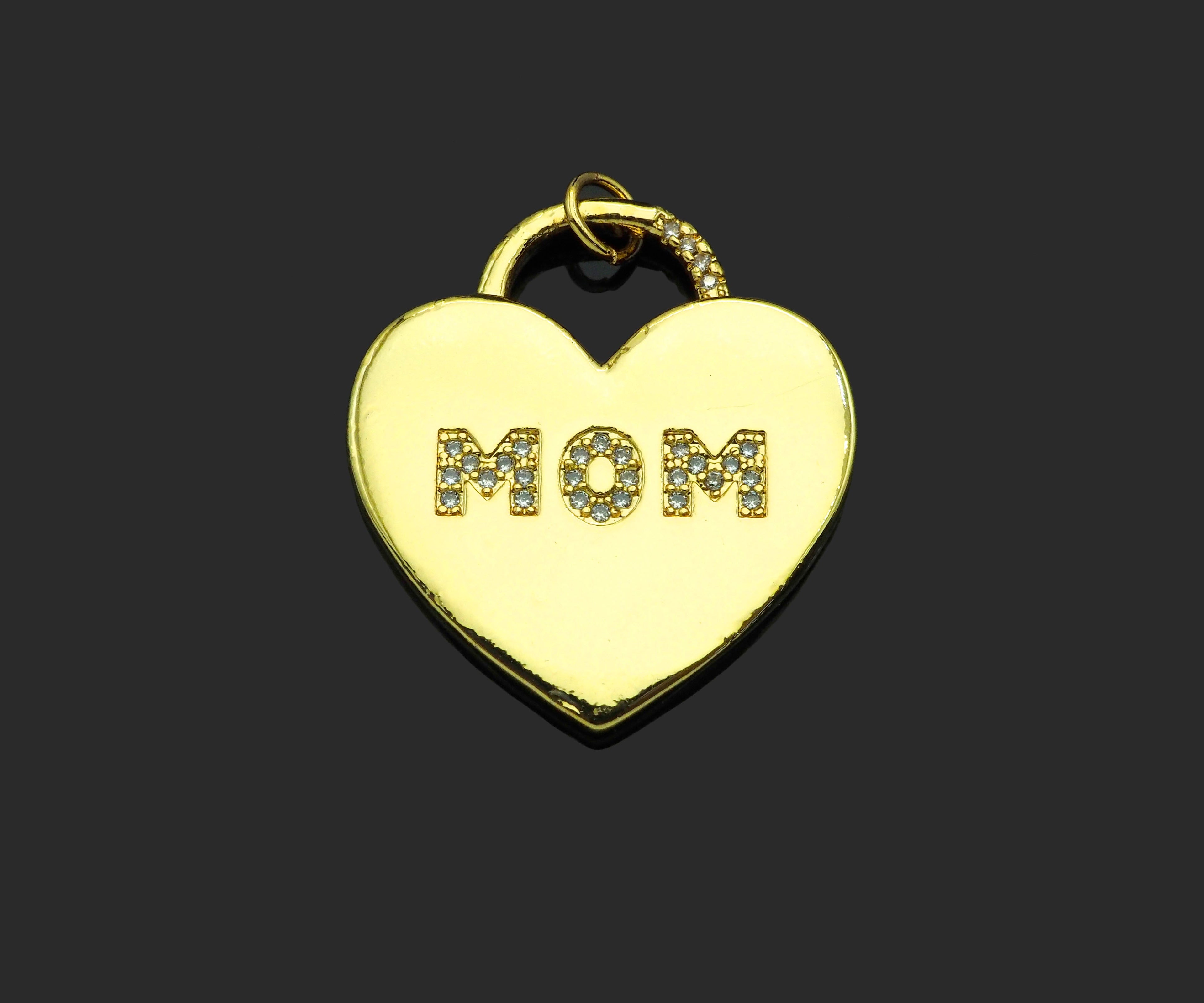CZ Micro Pave Mom Word On Heart Lock Shape Pendant,18K Gold Filled Charm, DIY Mother's Day Necklace Bracelet Charm Pendant,25x28mm,Sku#LD131