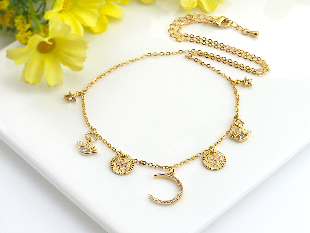 Gold Moon Star Eye Charm Necklace, sku#Z723