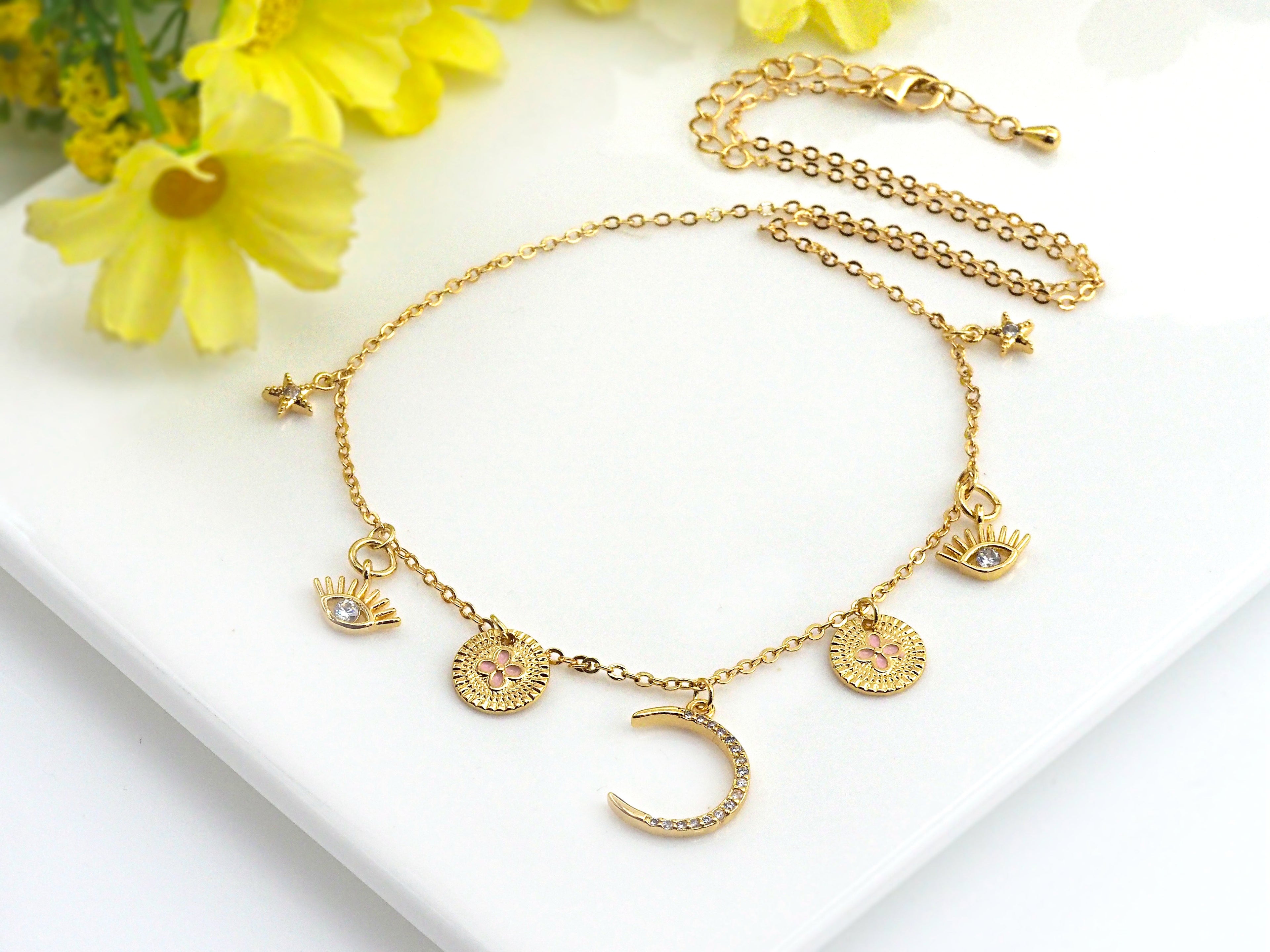 Gold Moon Star Eye Charm Necklace, sku#Z723