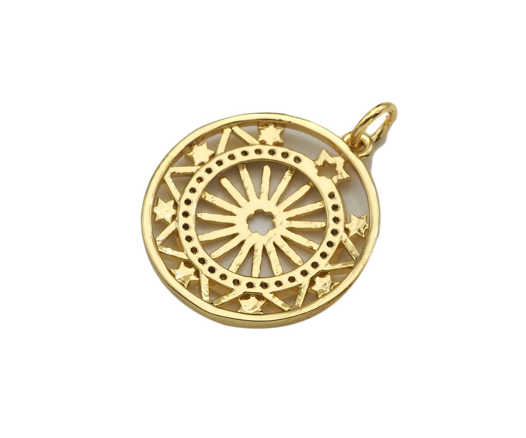 CZ Micro Pave Hollow Out Flower On Round Shape Pendant/Charm, Sku#F1366C