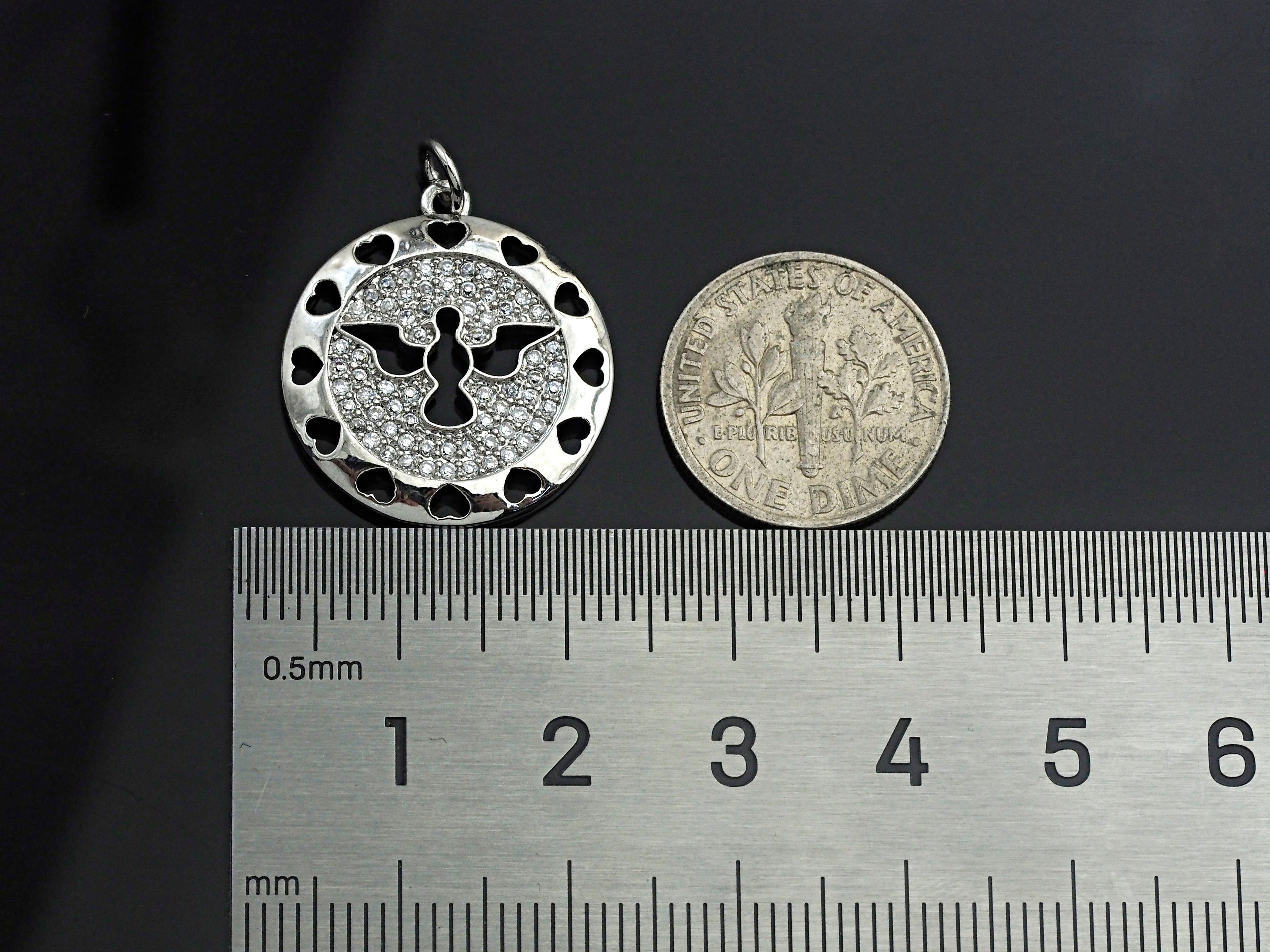 Clear CZ Hollow Out Bird Heart Round Coin Charm Pendant, Sku#F1167