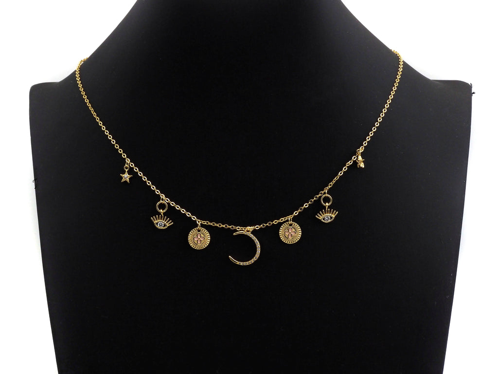 Gold Moon Star Eye Charm Necklace, sku#Z723