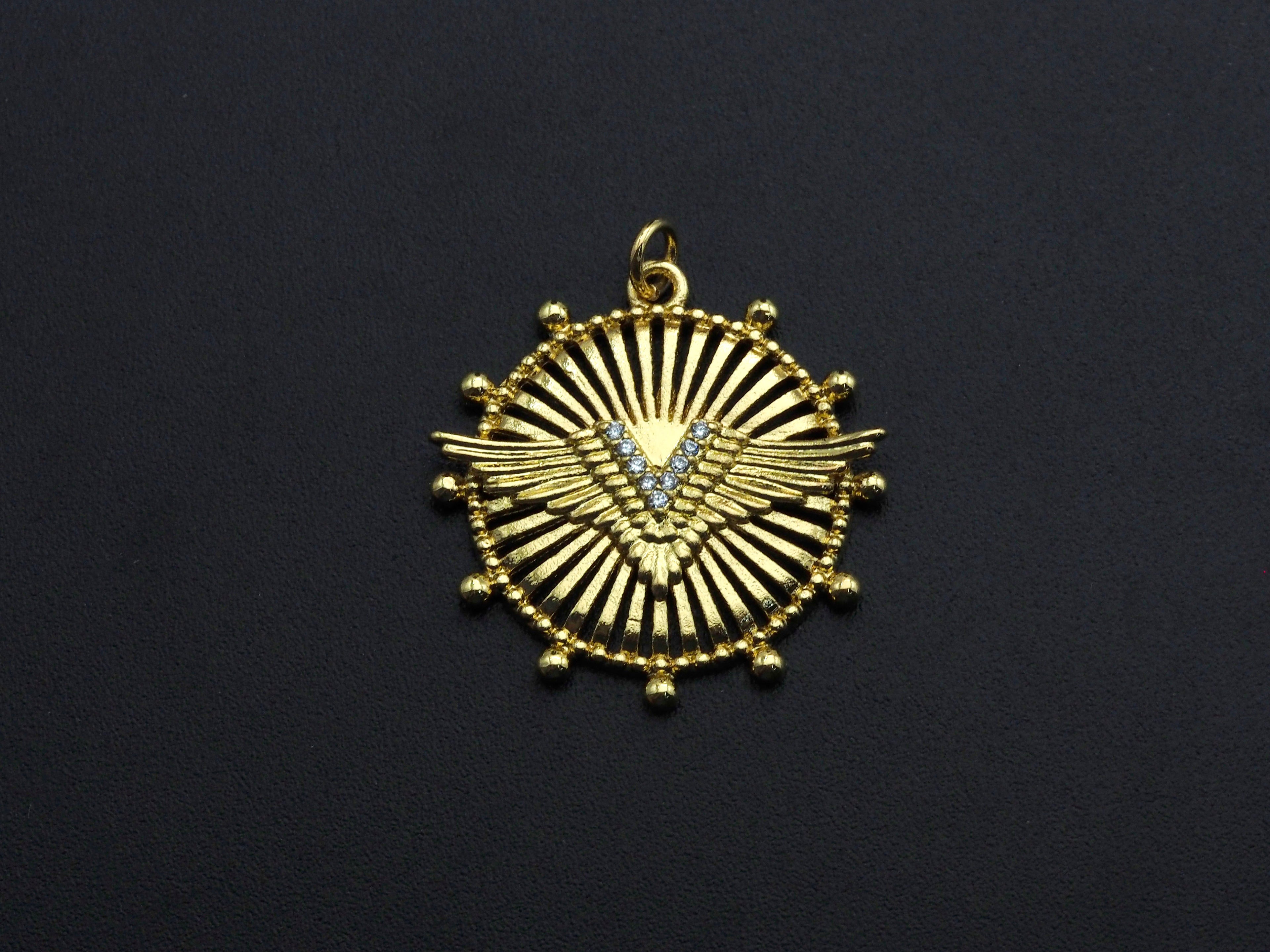 CZ Micro Pave Medallion Wing Pendant/Charm, 25x26mm, Sku#FH22