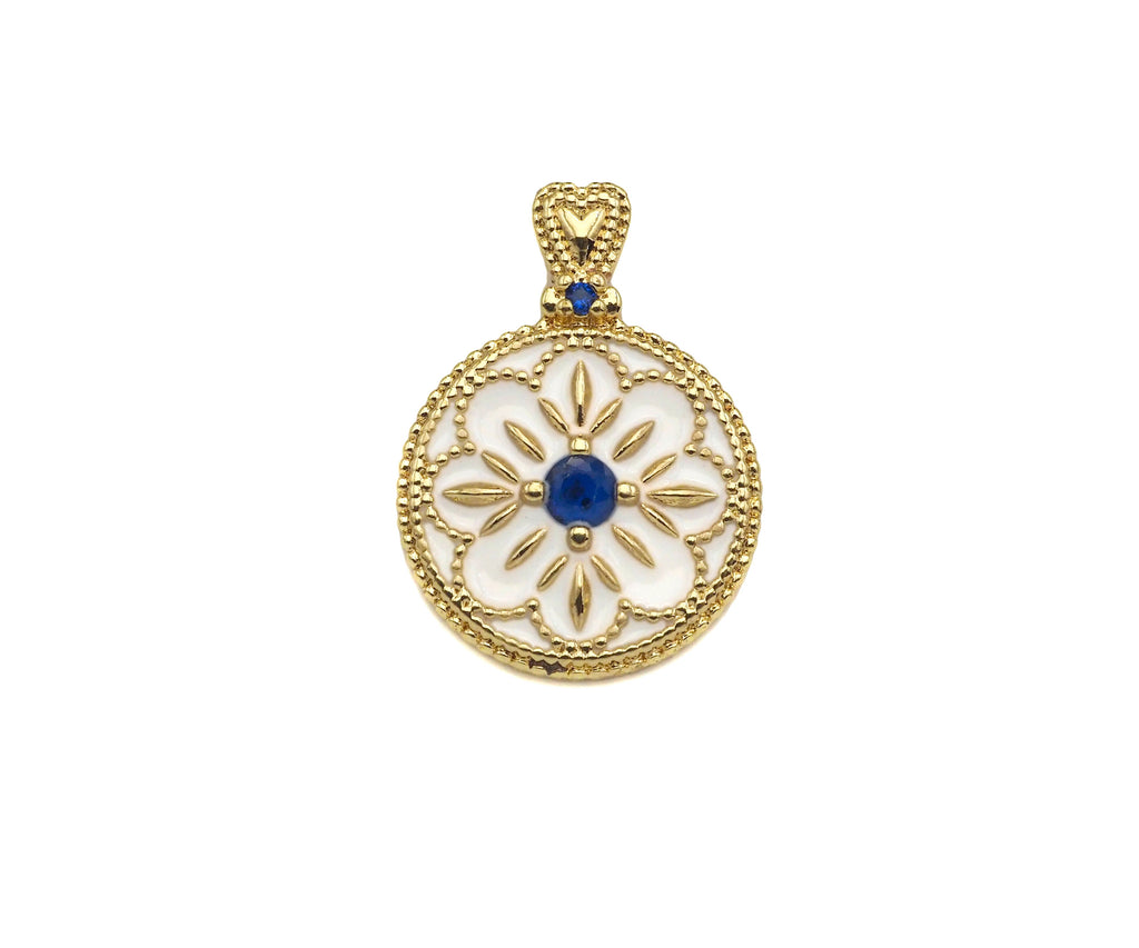 Gold Filled White Enamel Flower On Round Coin Shape Pendant, Cobalt CZ Micro Pave 14K Gold Filled Charm,Enamel Jewelry,15x20mm,Sku#CP37