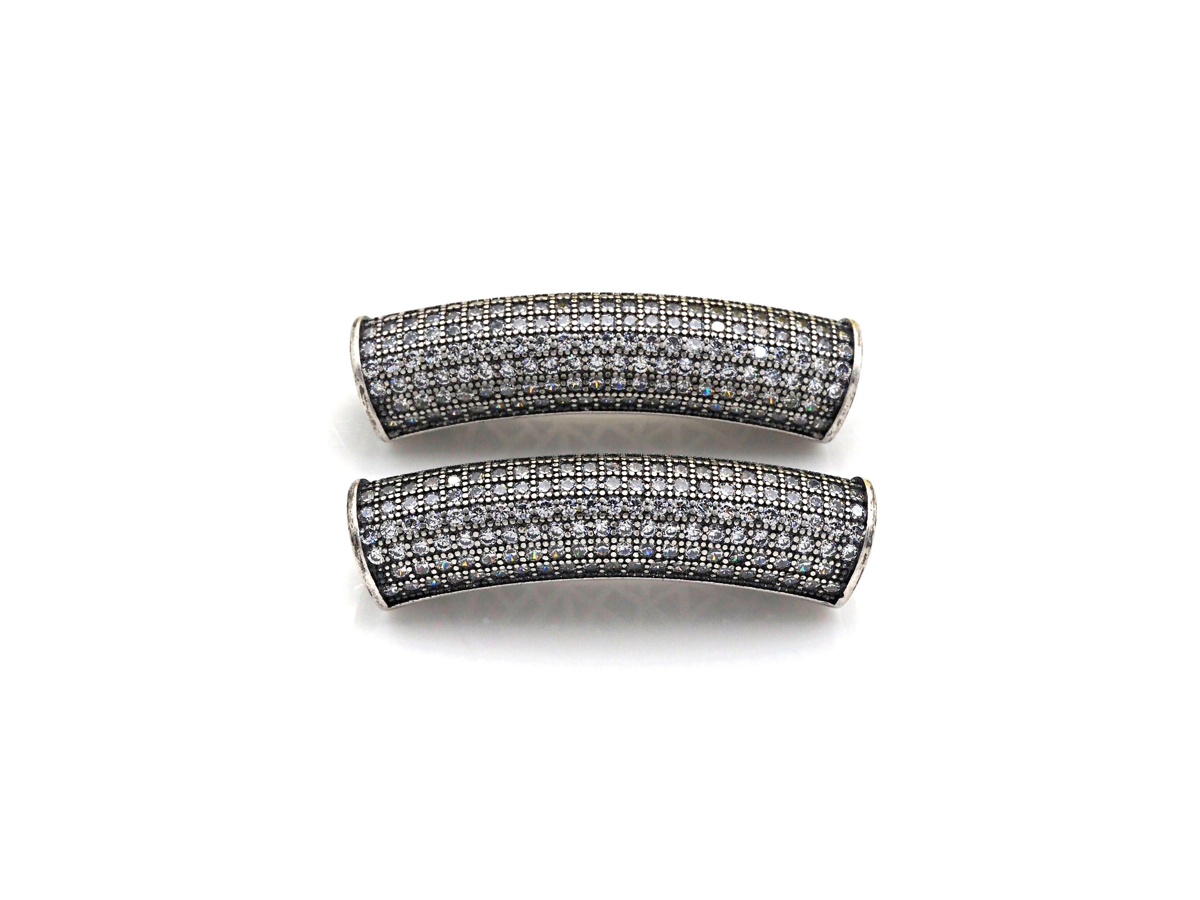 Rhodium CZ Micro Pave Half Full Pave Tube, Antique Silver Tone, Cubic Zirconia Pave Separator Tube Beads,39x10mm,sku#X128