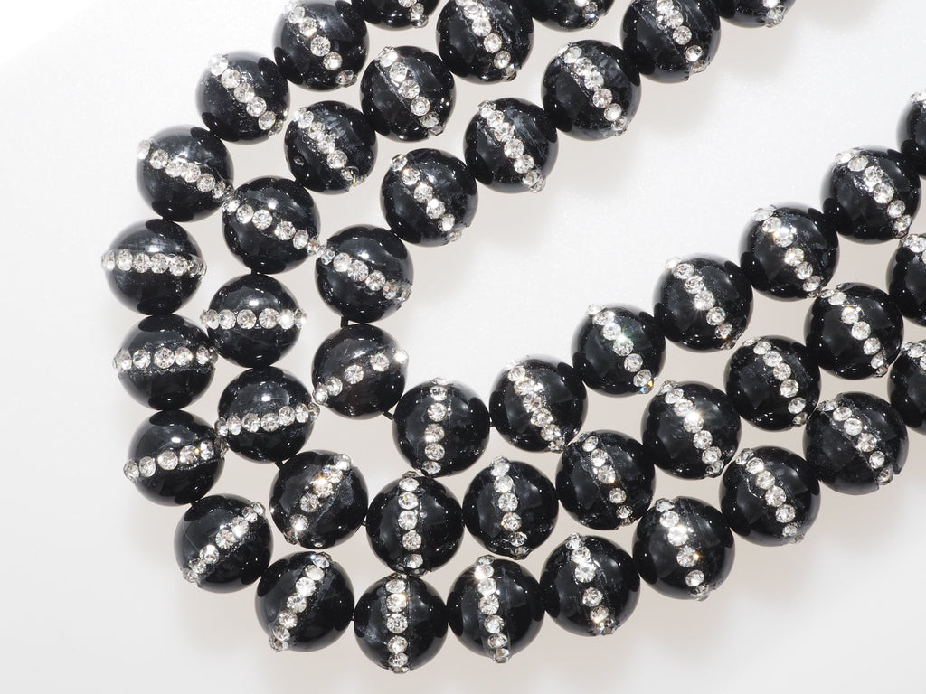6mm/8mm/10mm/12mm Round Black Onyx with rhinestone inlaid, Natural Gemstone Beads, 15.5inch Full strand, SKU#V18