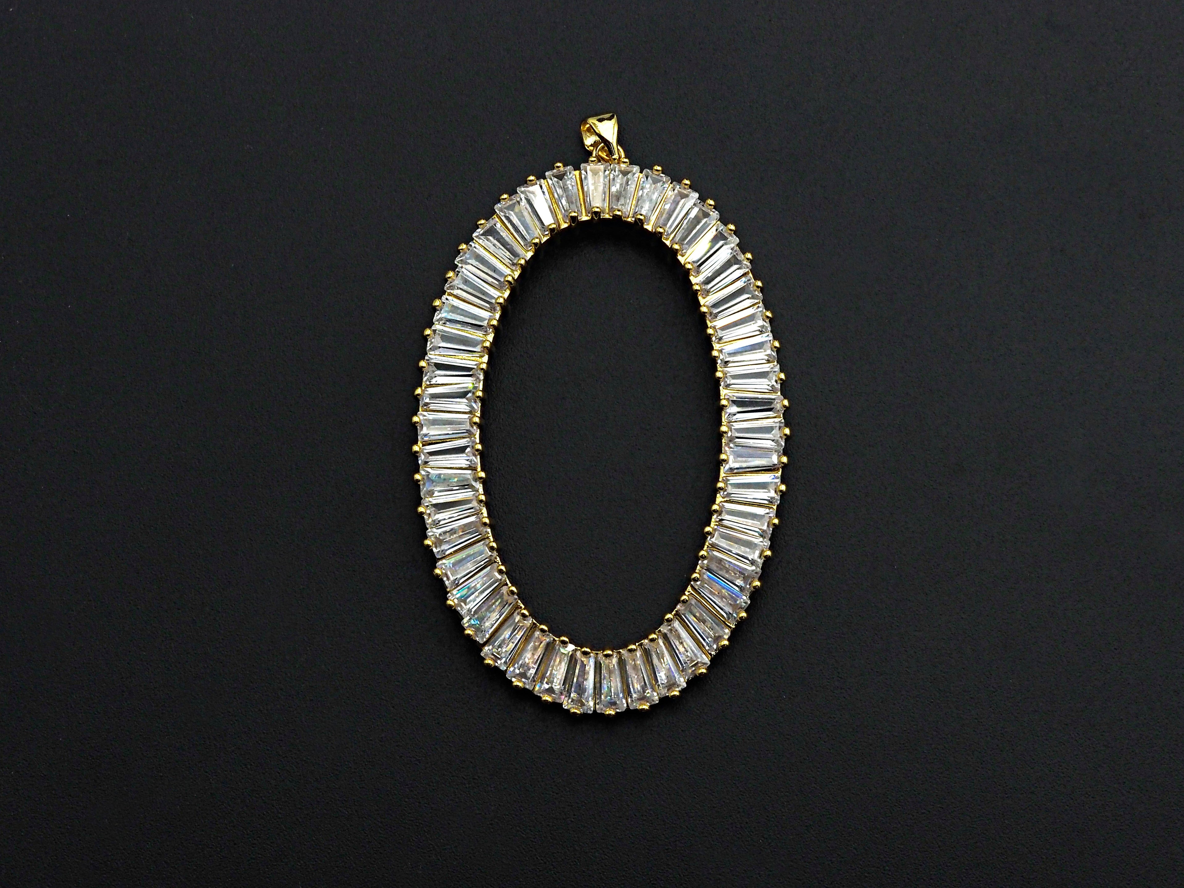 Large Micro Pave Bagette CZ Oval Pendant, Cubic Zirconia  O Shape Pendant, Silver/Gold Tone, 39x62mm, Sku#FH82