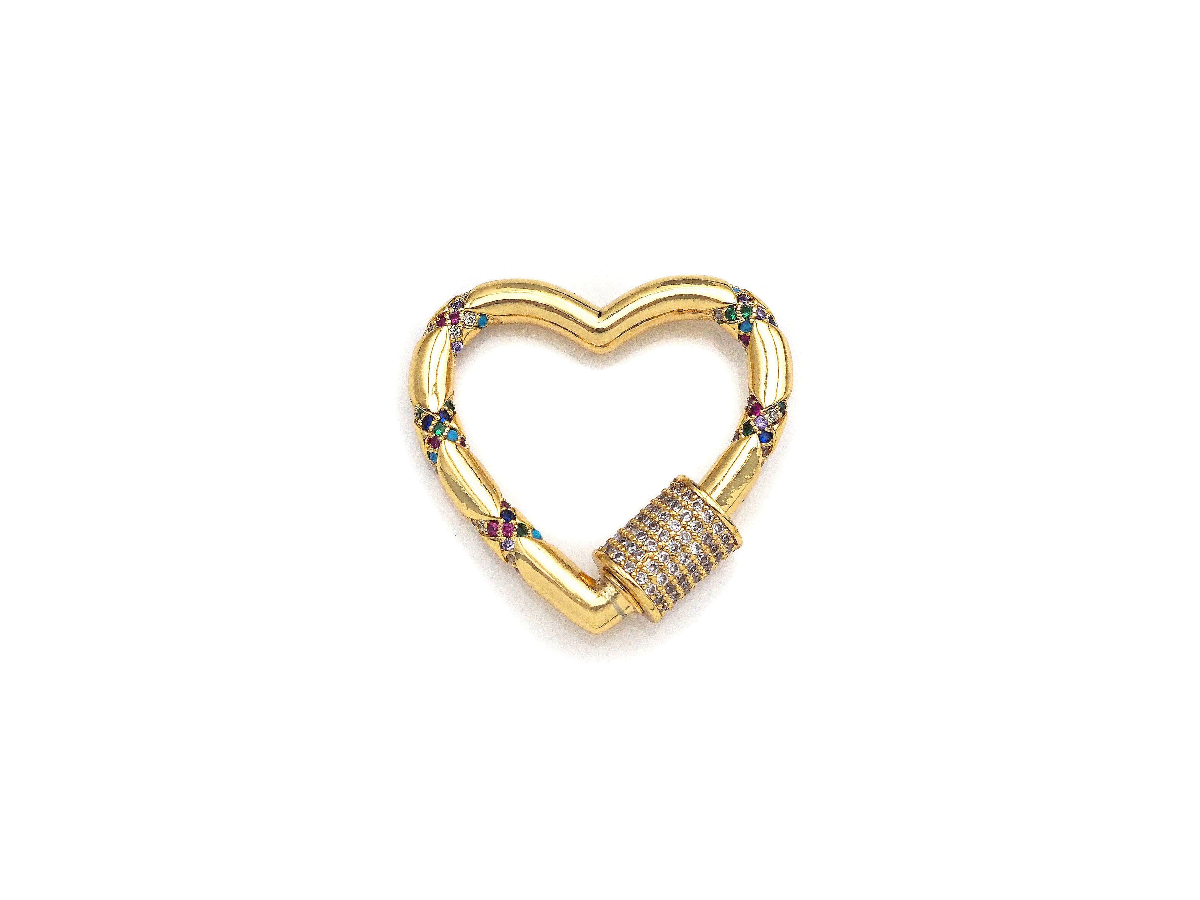 Gold Micro Pave Heart with Colorful CZ Cross Patten Clasp, Heart Lock, CZ Pave Gold Plated Clasp, 28x30mm,mm, sku#H267