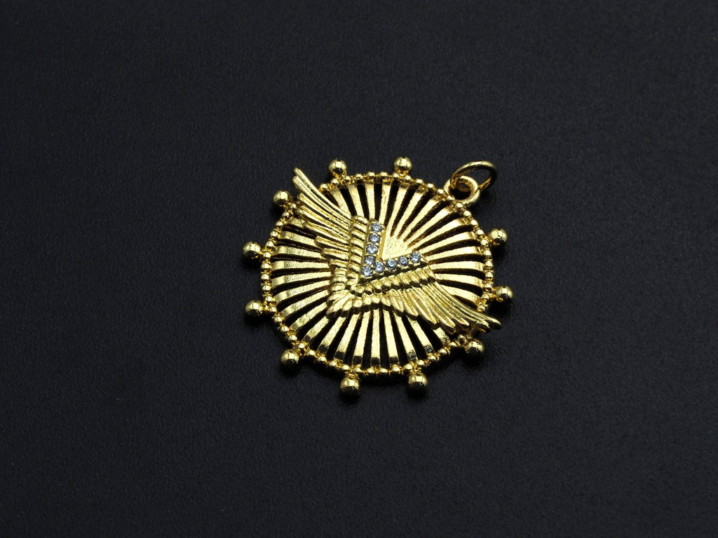 CZ Micro Pave Medallion Wing Pendant/Charm, 25x26mm, Sku#FH22