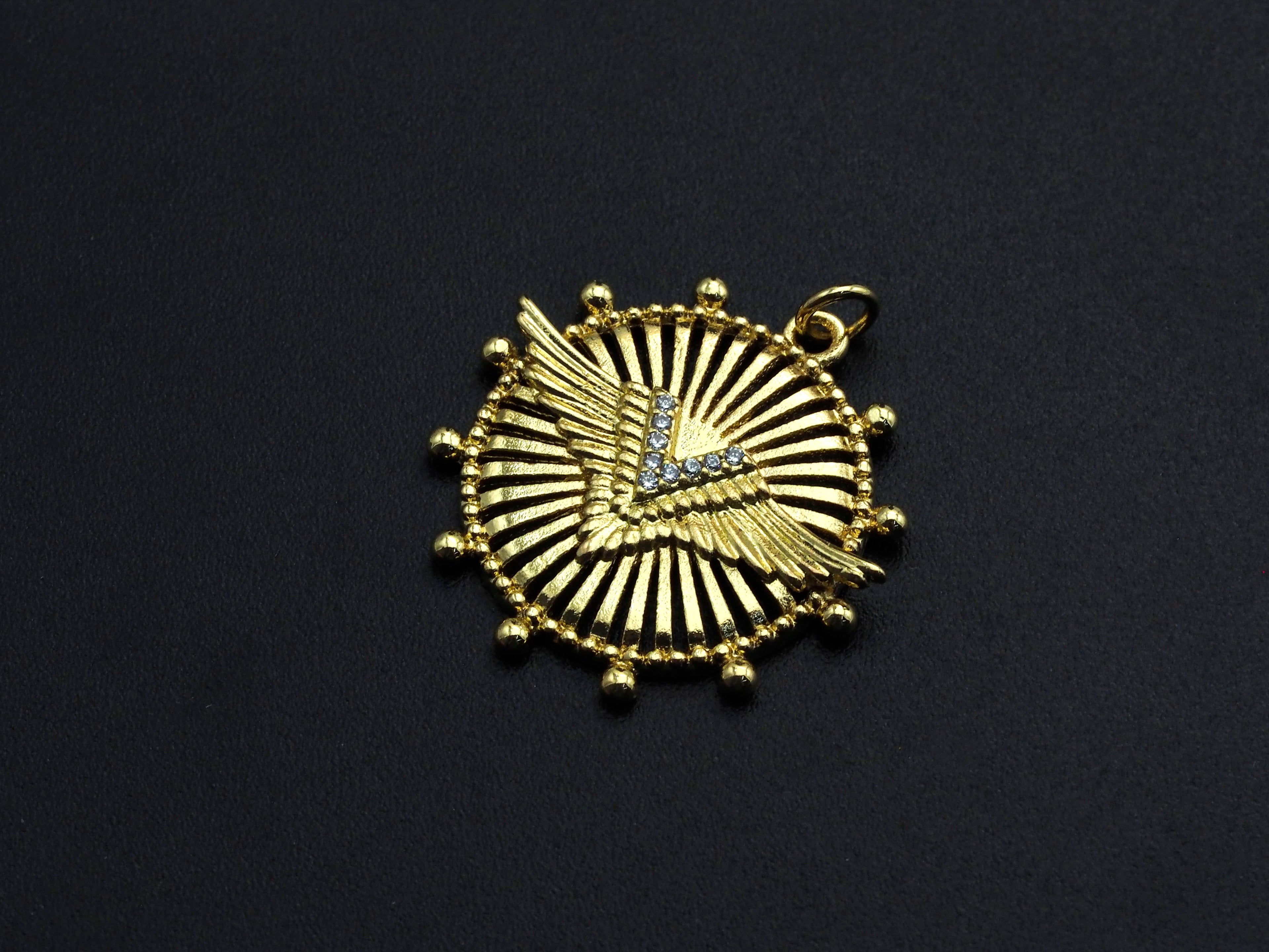 CZ Micro Pave Medallion Wing Pendant/Charm, 25x26mm, Sku#FH22