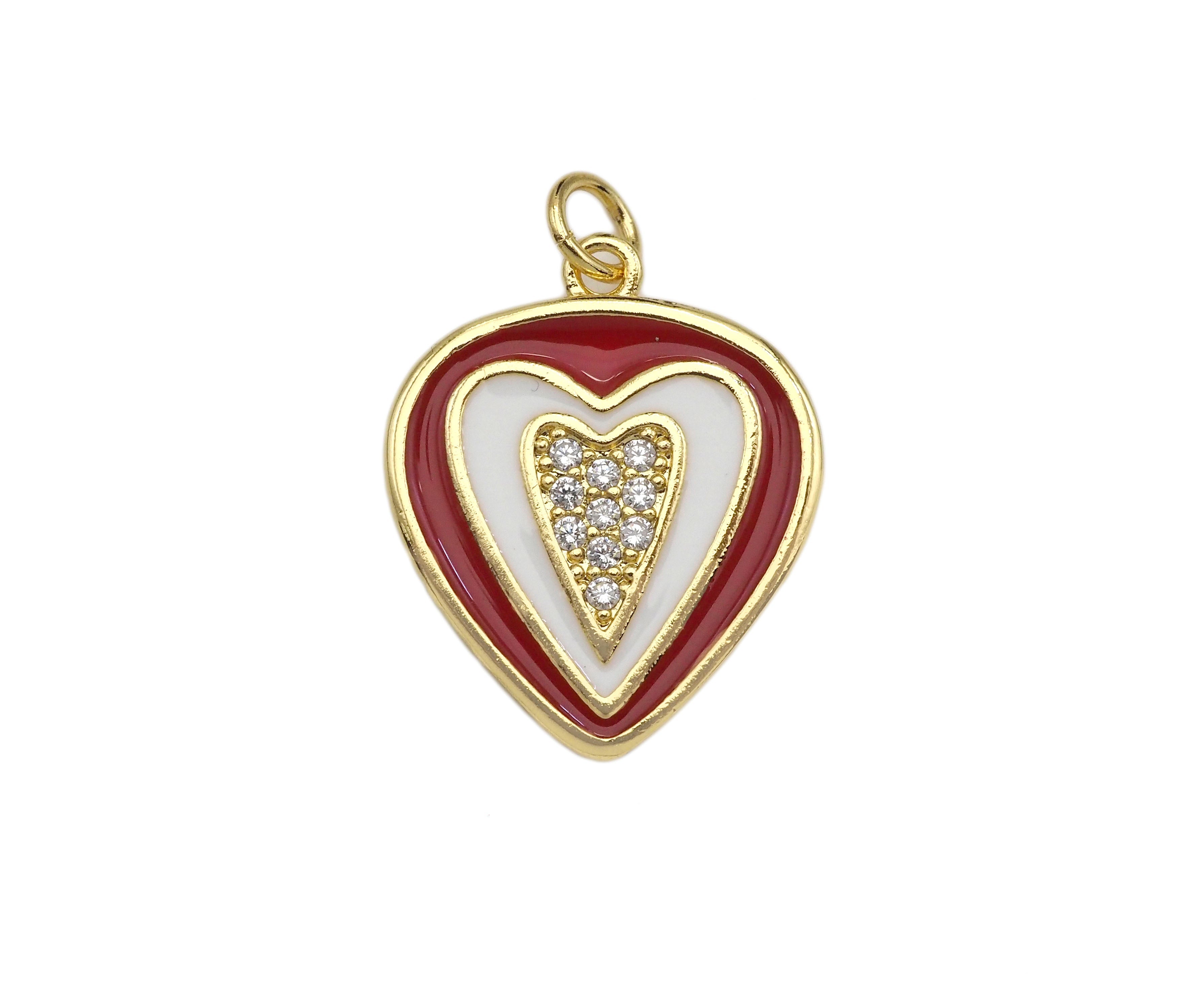 Clear Micro Pave CZ Heart On Round Coin Enamel Heart Pendant, Colorful Enamel Heart, Double Heart Pendant,18x22mm, sku#LK165