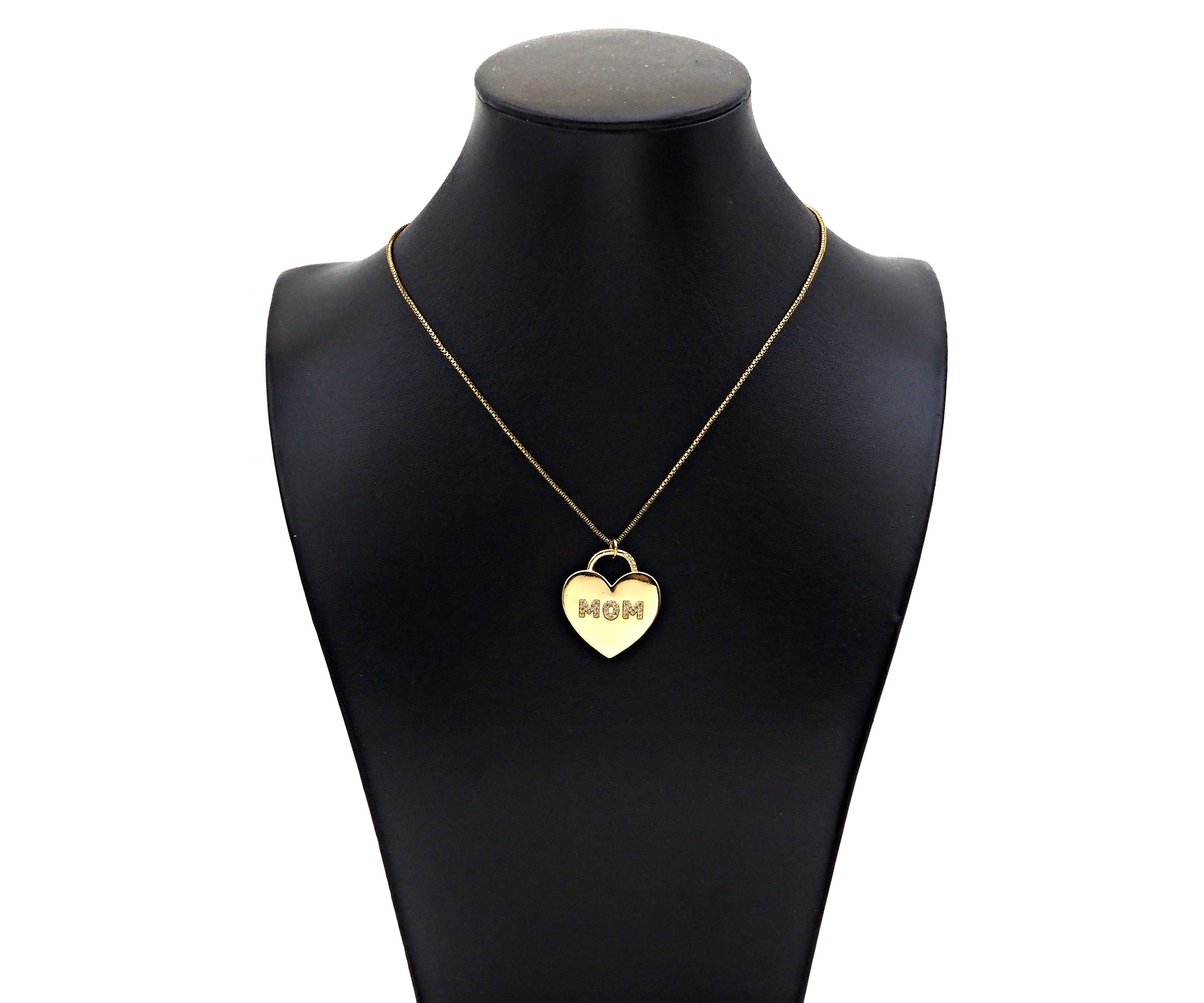 CZ Micro Pave Mom Word On Heart Lock Shape Pendant,18K Gold Filled Charm, DIY Mother's Day Necklace Bracelet Charm Pendant,25x28mm,Sku#LD131