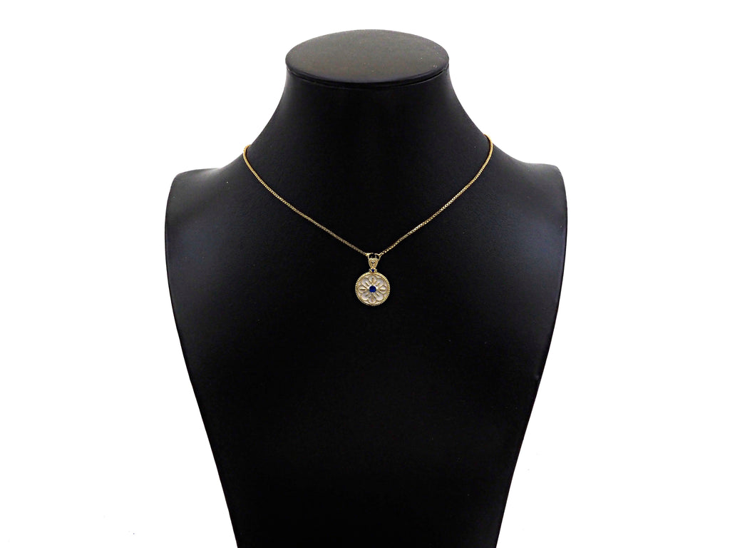 Gold Filled White Enamel Flower On Round Coin Shape Pendant, Cobalt CZ Micro Pave 14K Gold Filled Charm,Enamel Jewelry,15x20mm,Sku#CP37