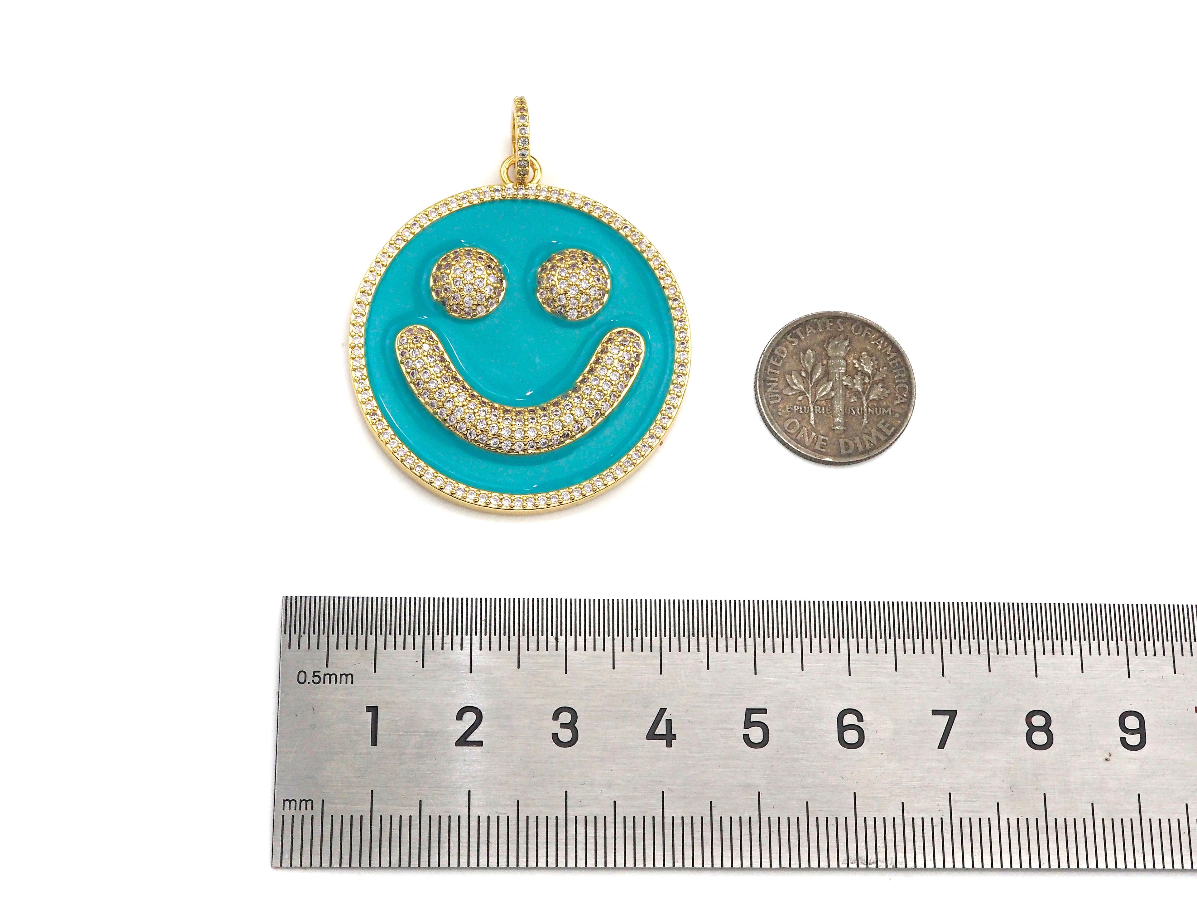 Large Pave Enamel Hot Pink/Turquoise Smiley Face 38mm Pendant, Cubic Zirconia Pave Pendant, Happy face charm, Pink Smiley Face, Sku#ML39