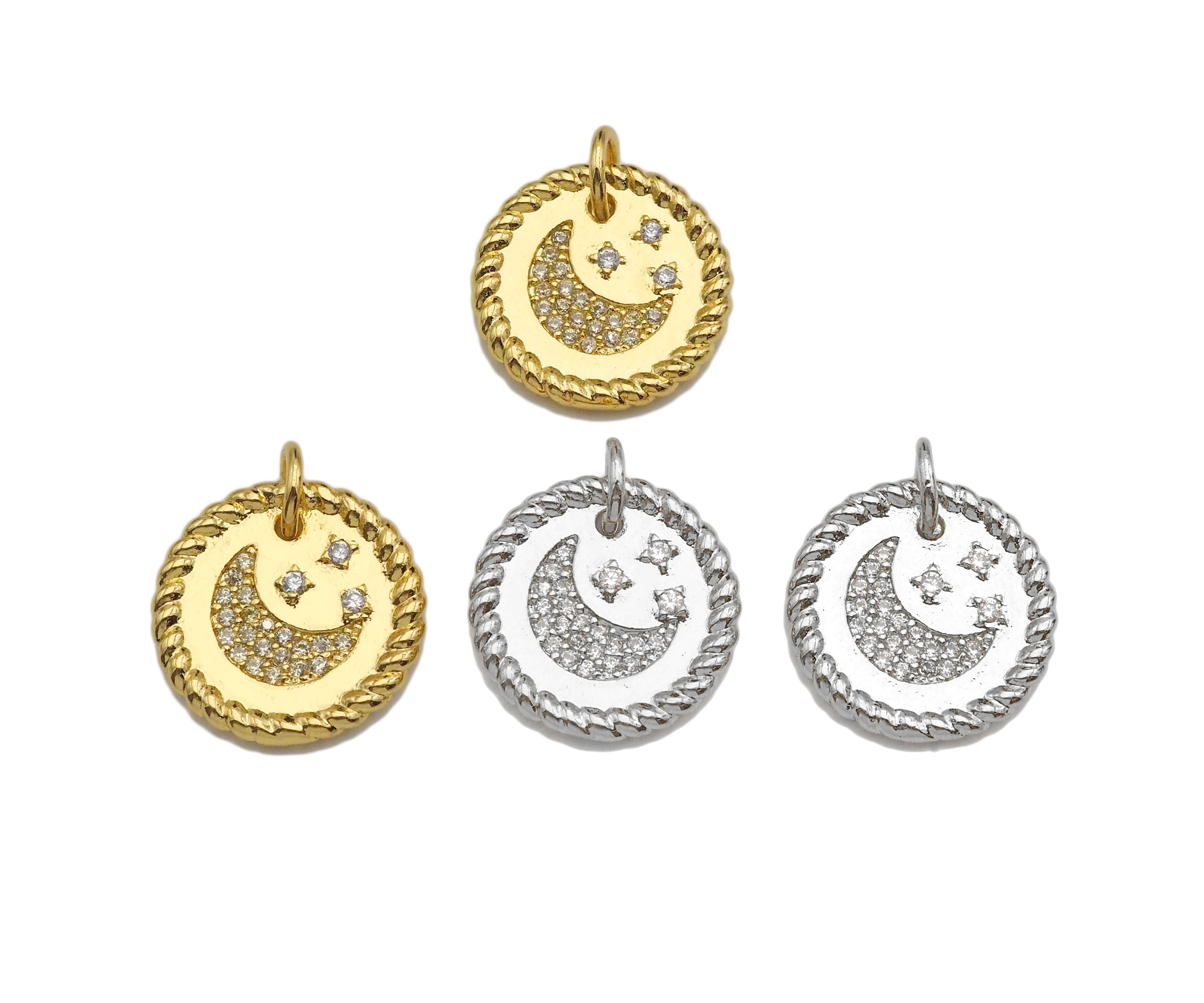 CZ Micro Pave Cresent Moon Star On Round Coin Pendant, Bracelet Necklace CZ  Round Coin Pendant Charm, Silver/Gold Tone,16x16mm,sku#L461