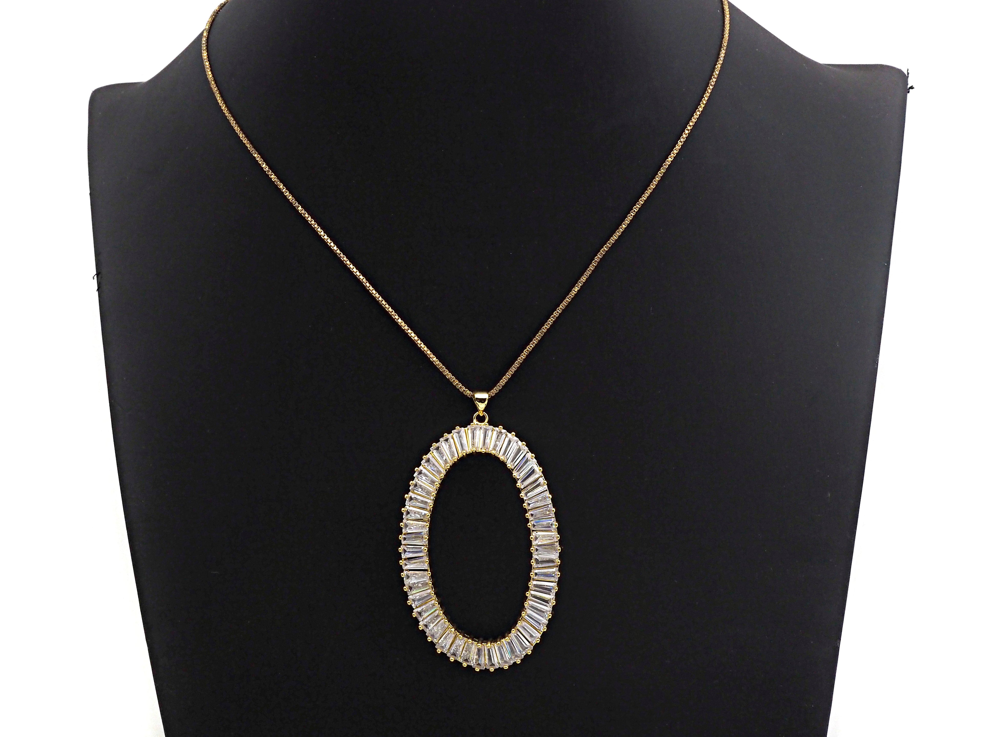 Large Micro Pave Bagette CZ Oval Pendant, Cubic Zirconia  O Shape Pendant, Silver/Gold Tone, 39x62mm, Sku#FH82