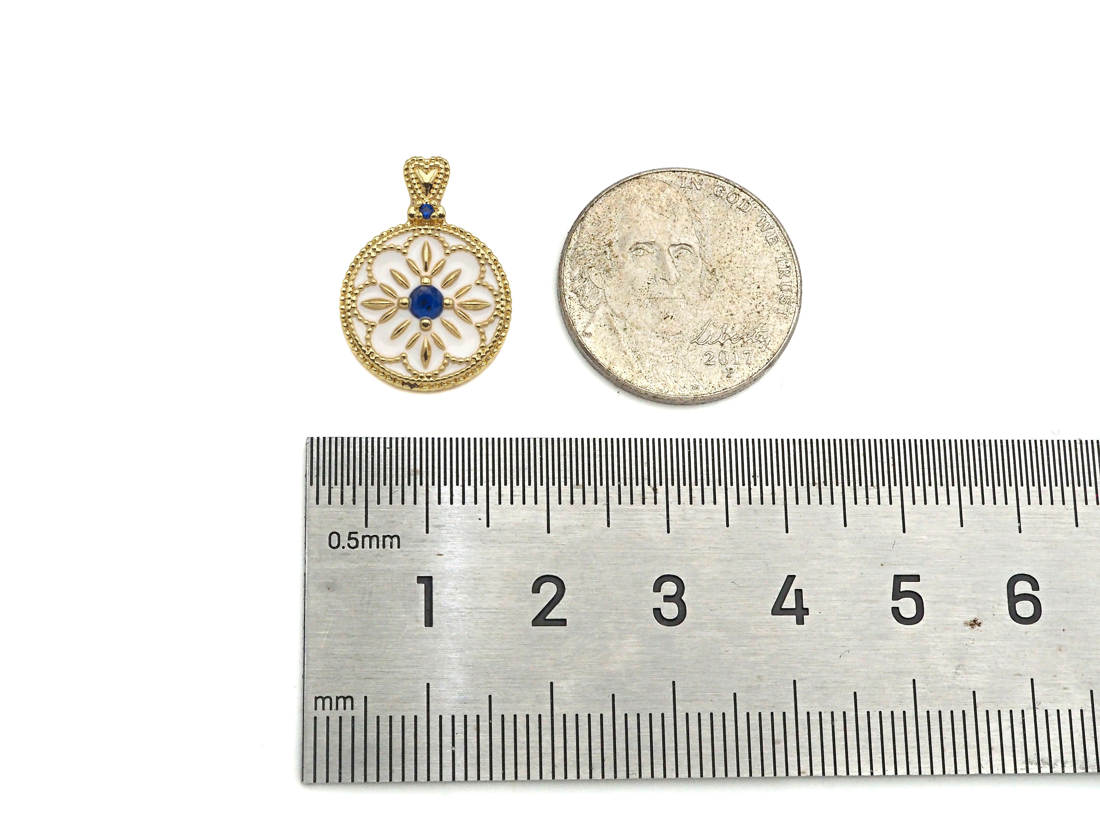 Gold Filled White Enamel Flower On Round Coin Shape Pendant, Cobalt CZ Micro Pave 14K Gold Filled Charm,Enamel Jewelry,15x20mm,Sku#CP37