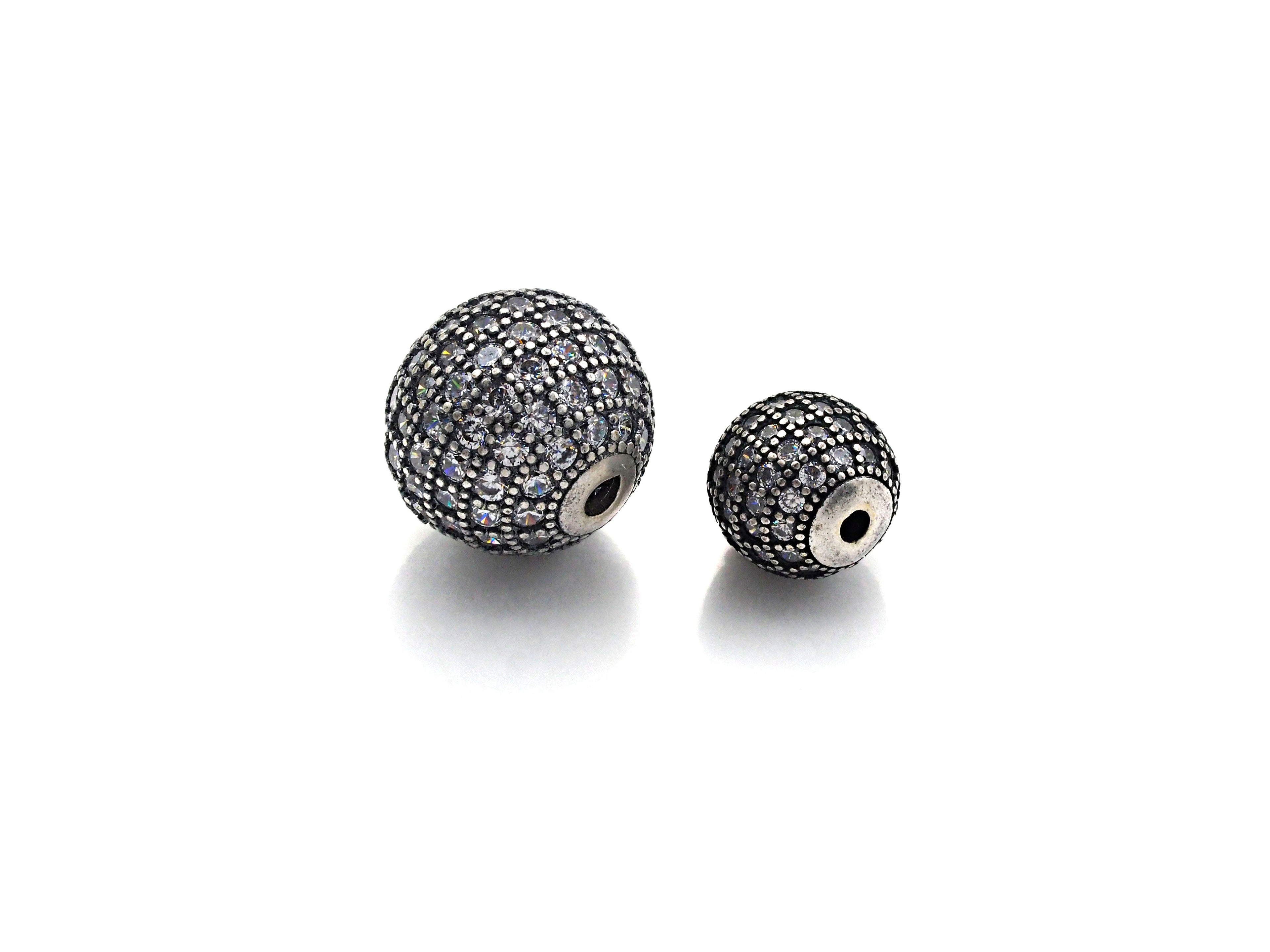 Rhodium CZ Micro Pave Round Ball Bead, 6mm/8mm/10mm/12mm, Cubic Zirconia Pave Beads, Antique Silver Shamballa beads, sku#X129