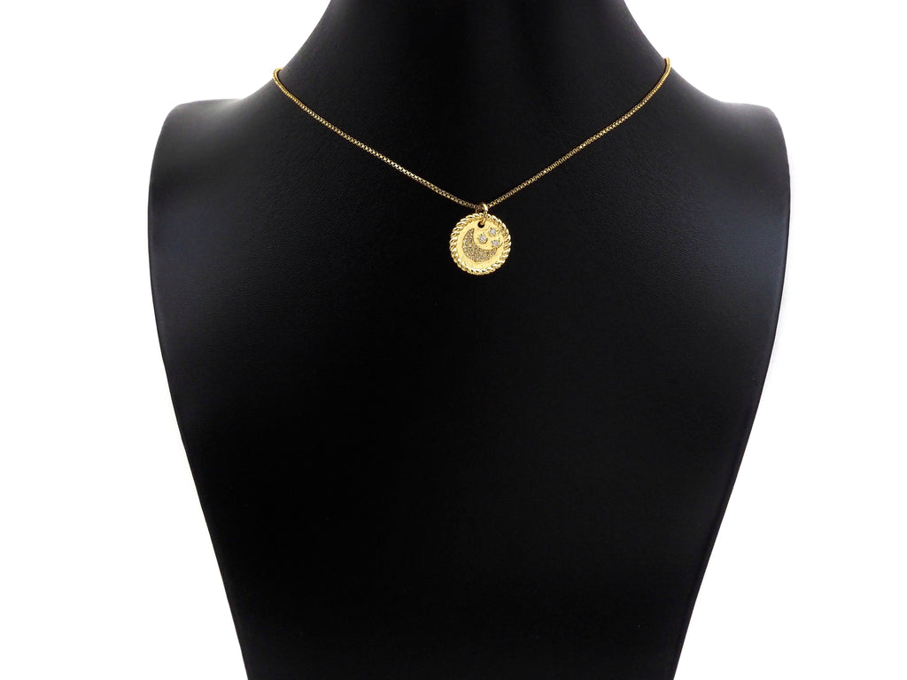 CZ Micro Pave Cresent Moon Star On Round Coin Pendant, Bracelet Necklace CZ  Round Coin Pendant Charm, Silver/Gold Tone,16x16mm,sku#L461