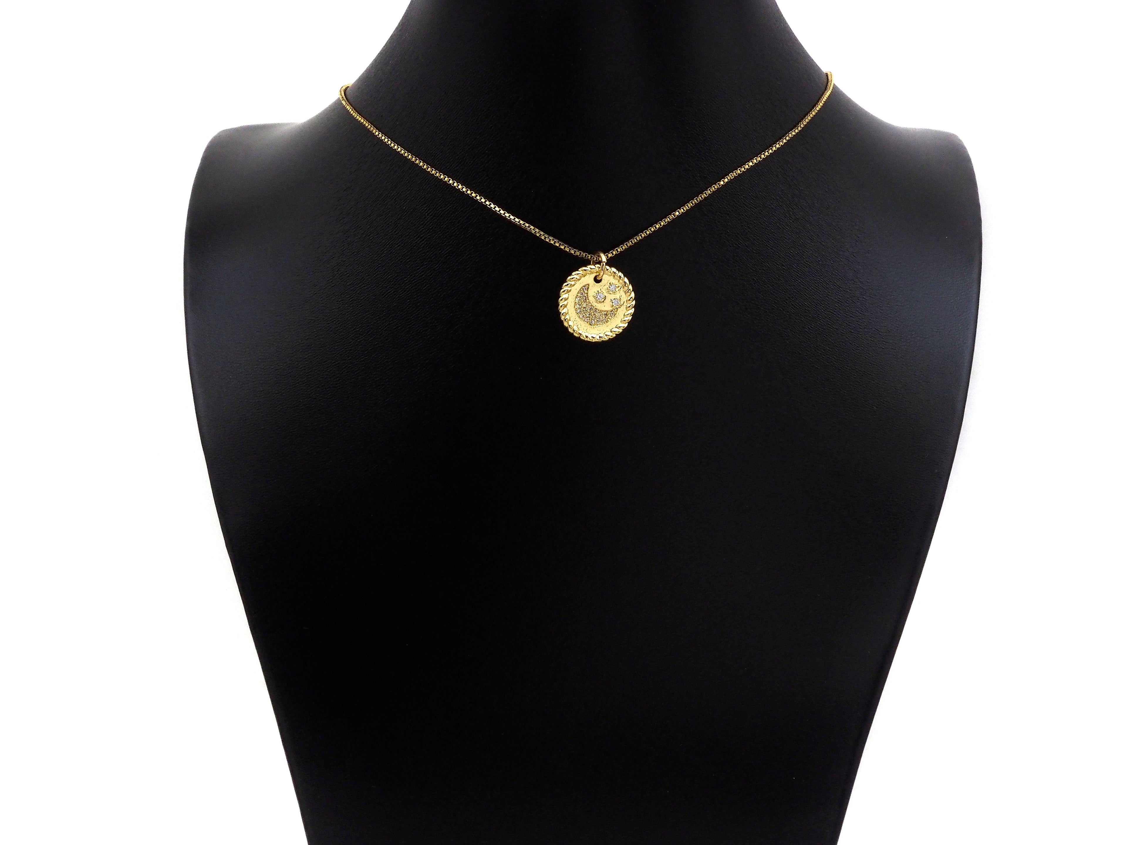 CZ Micro Pave Cresent Moon Star On Round Coin Pendant, Bracelet Necklace CZ  Round Coin Pendant Charm, Silver/Gold Tone,16x16mm,sku#L461