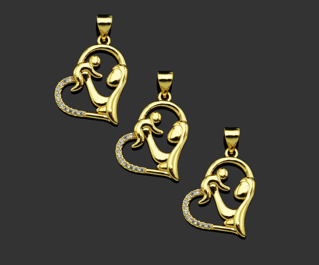 CZ Micro Pave Mama and Baby On Heart Frame Shape Pendant, 18K Gold Filled Mom Charm, Mother's Day Necklace Pendant,16x20mm,Sku#LD132