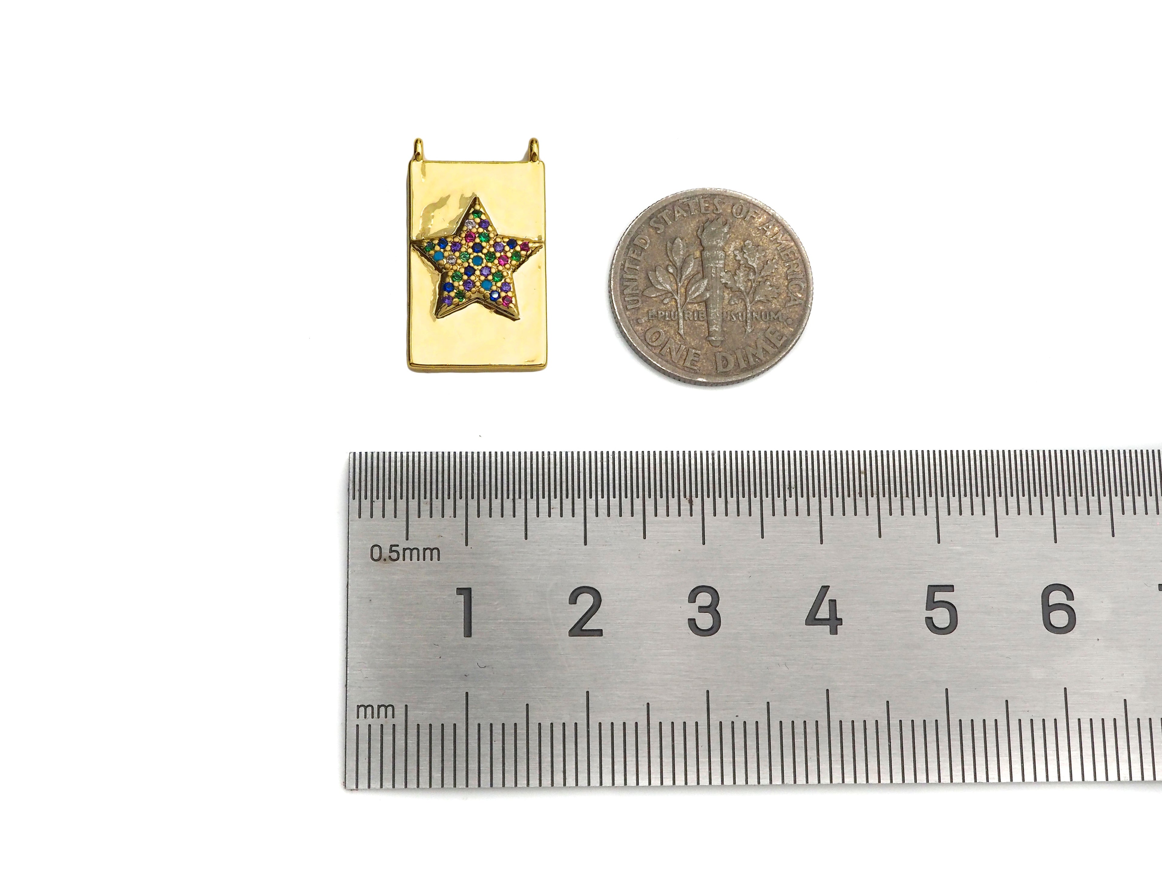 Colorful CZ Micro Pave Heart Cross Star On Rectangle Charms, Dainty Charms Pendant, Rectangle Necklace Pendant, 12x21mm, Sku#F1345