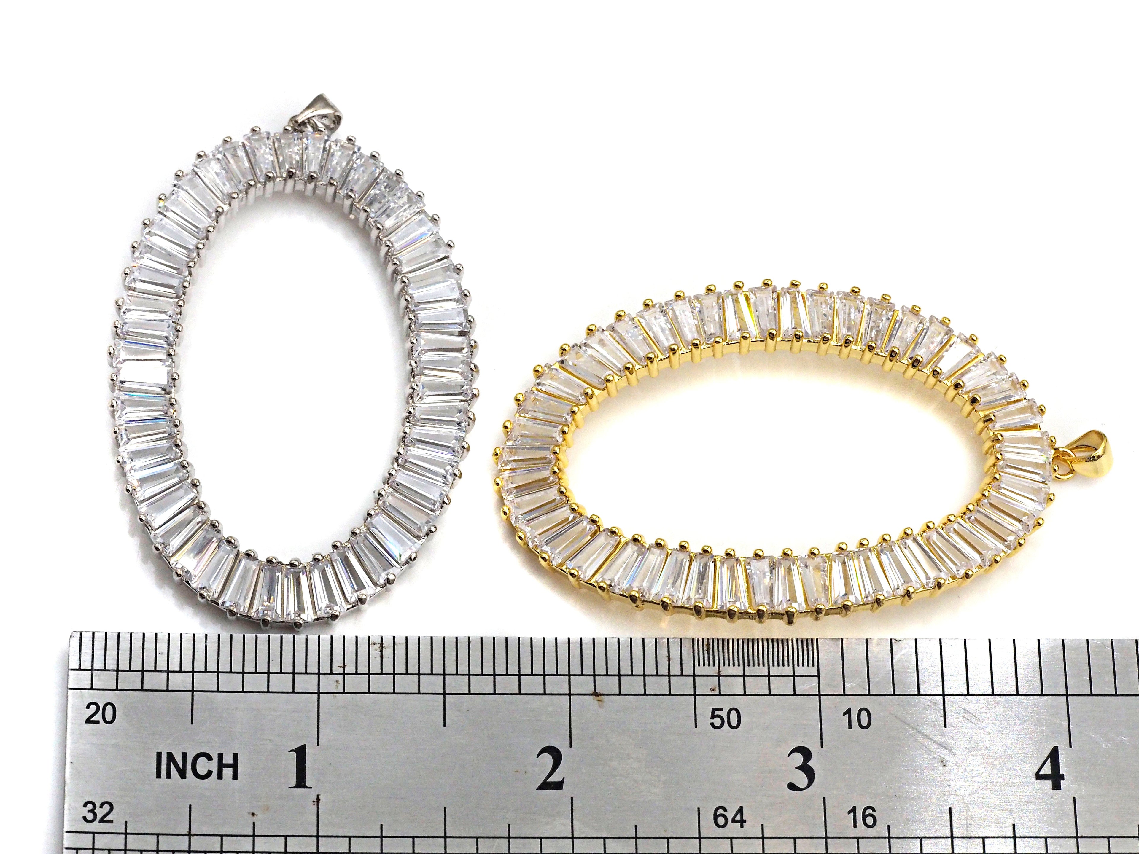 Large Micro Pave Bagette CZ Oval Pendant, Cubic Zirconia  O Shape Pendant, Silver/Gold Tone, 39x62mm, Sku#FH82
