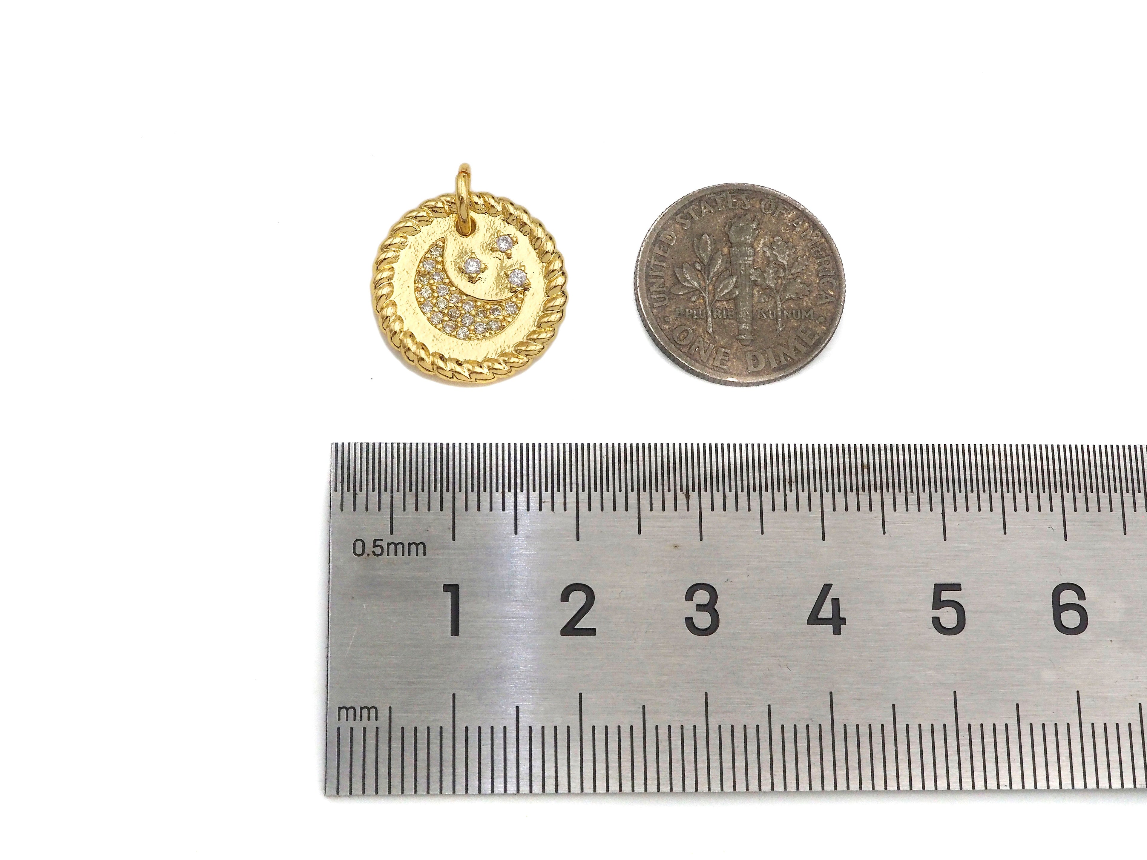 CZ Micro Pave Cresent Moon Star On Round Coin Pendant, Bracelet Necklace CZ  Round Coin Pendant Charm, Silver/Gold Tone,16x16mm,sku#L461
