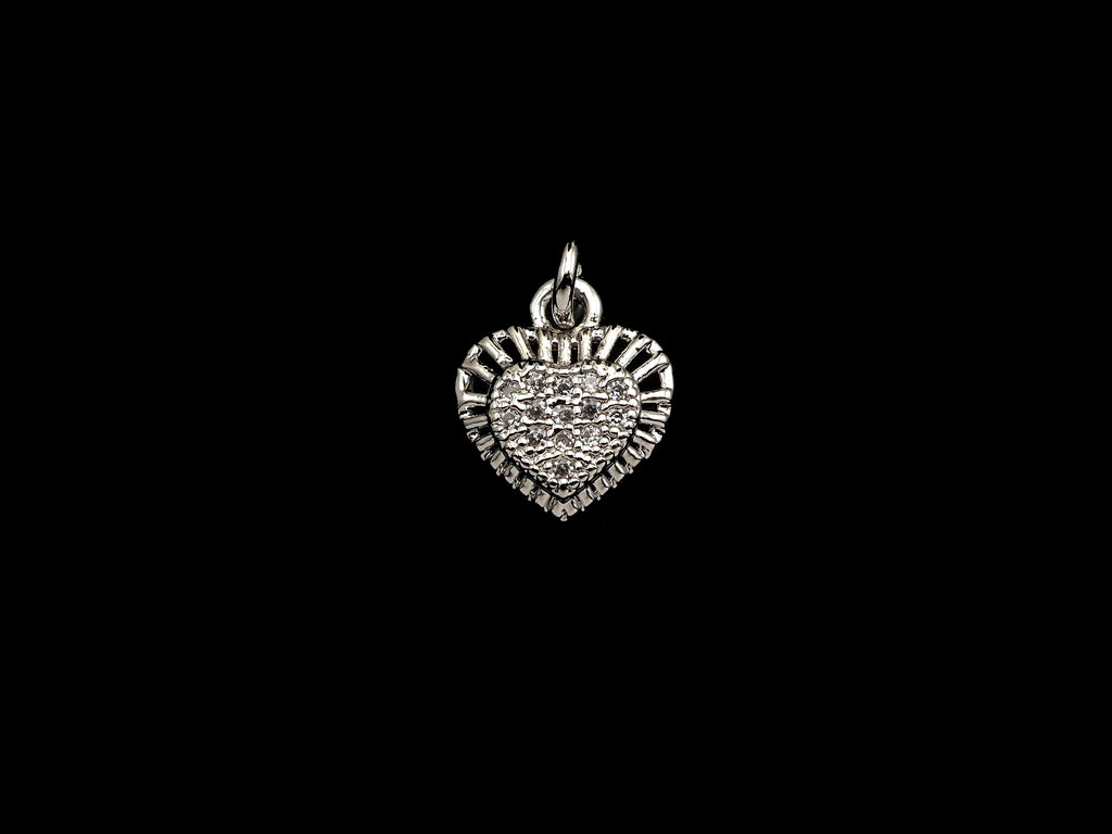 CZ Micro Pave Heart Shaped Pendant/Charm with Lace Edge, Clear Cubic Zirconia Pave Charm, Silver/Gold Plated, 10x11mm, sku#F1136