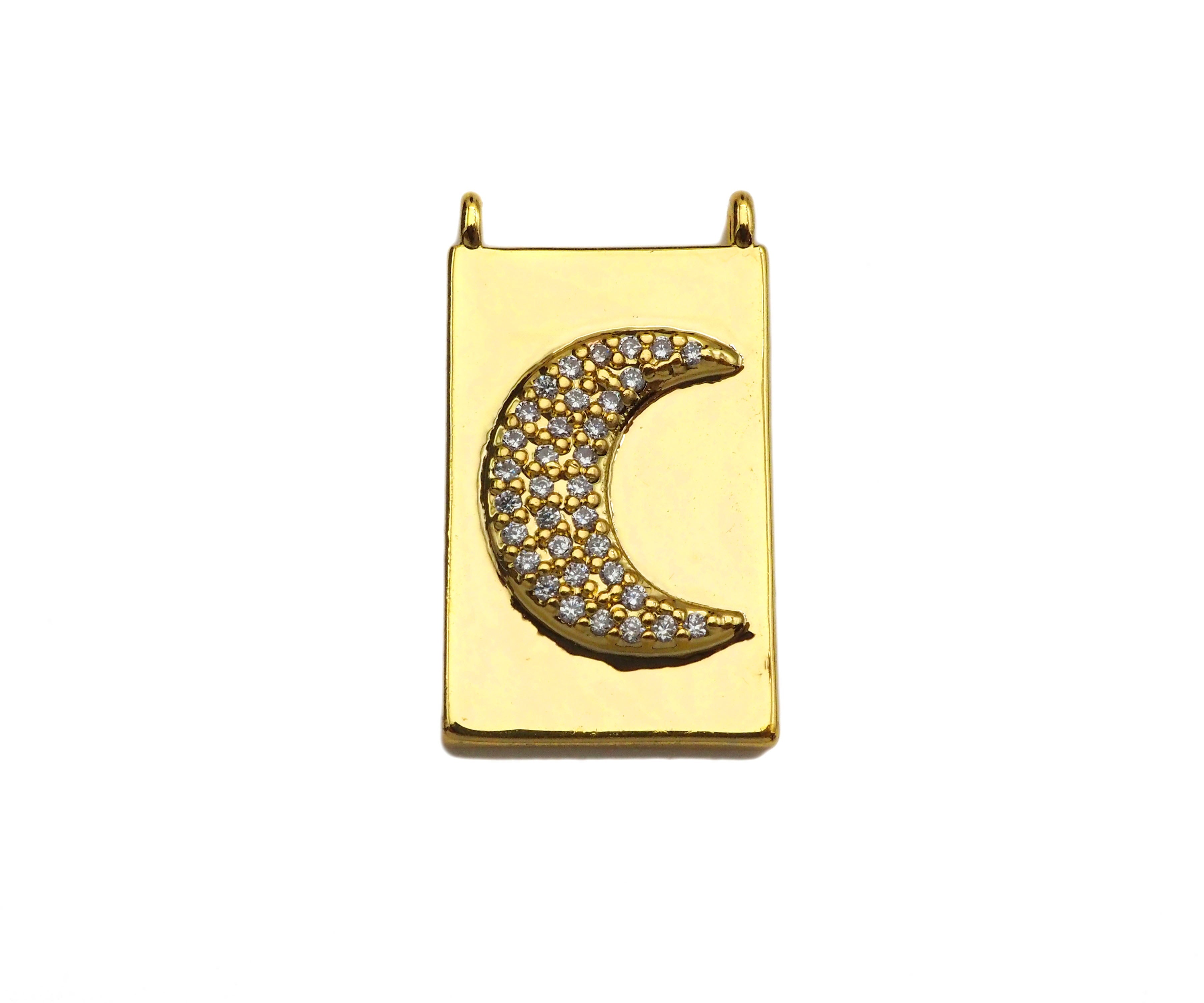 CZ Micro Pave Cresent Heart Star Cross On Rectangle Charms, Dainty Gold Charms Pendant, Rectangle Necklace Pendant, 12x21mm, Sku#F1346