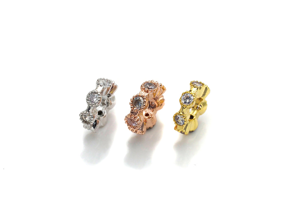 CZ Big Hole Round Ring Flower Micro Pave Beads, Gold/Rose Gold/Silver Cubic Zirconia Spacer Beads, DIY Jewelry, 3x9mm, sku#Z1042