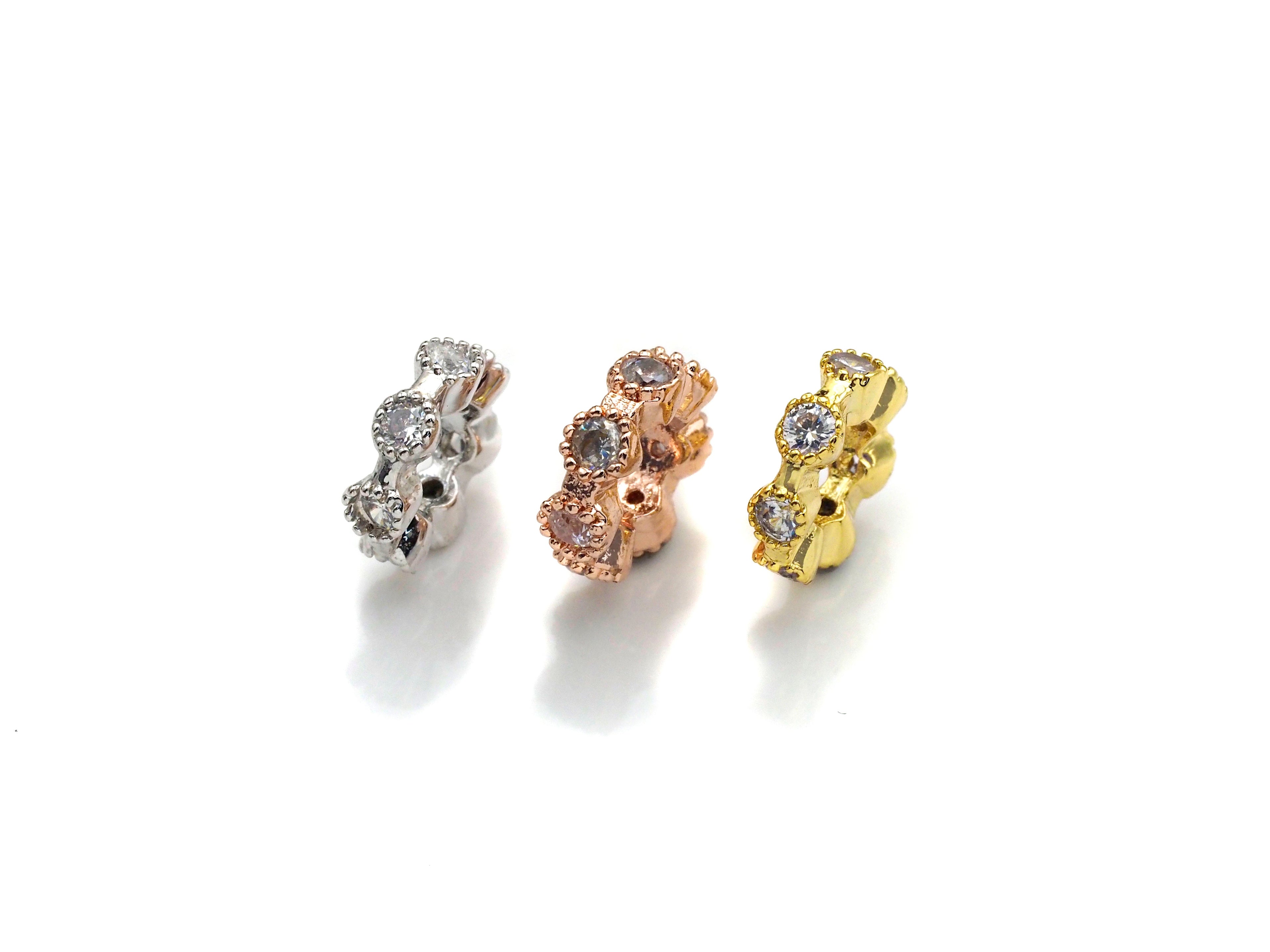 CZ Big Hole Round Ring Flower Micro Pave Beads, Gold/Rose Gold/Silver Cubic Zirconia Spacer Beads, DIY Jewelry, 3x9mm, sku#Z1042