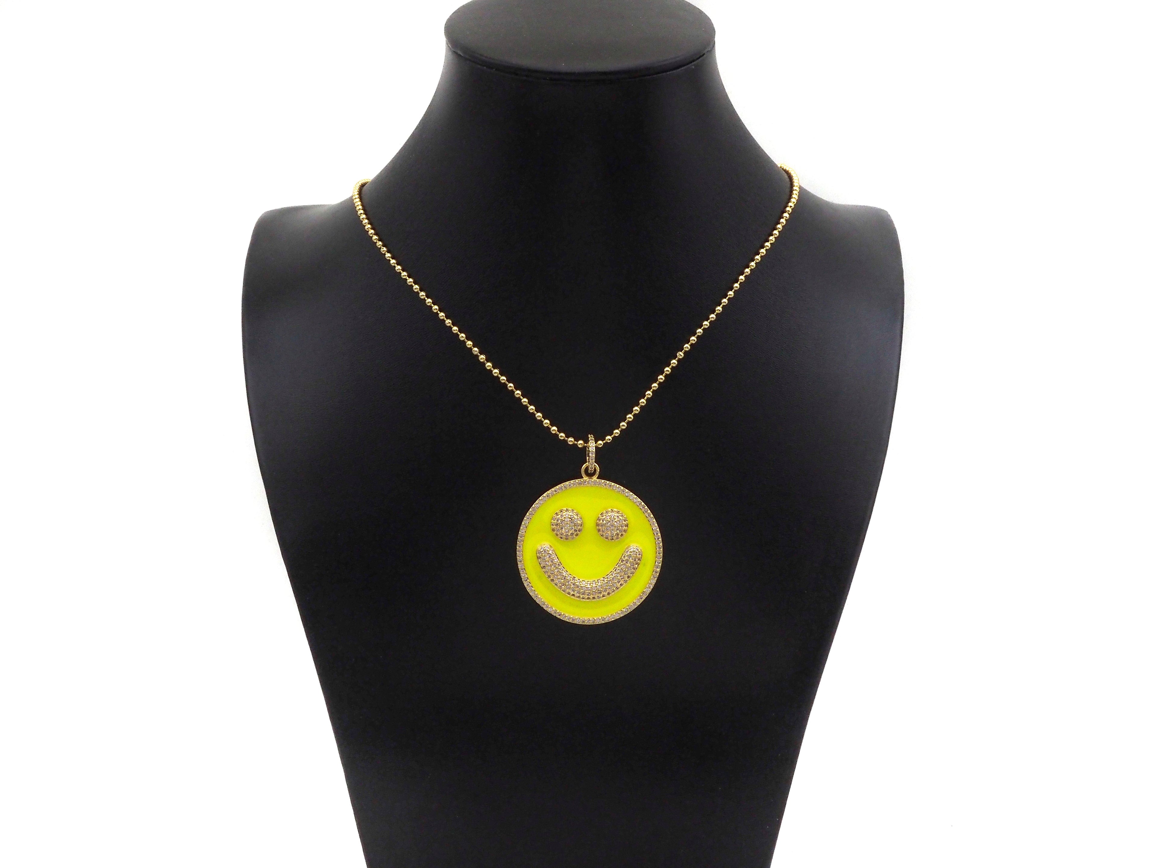 Large Pave Enamel Yellow Smiley Face 38mm Pendant, Cubic Zirconia Pave Pendant, Happy face charm, Yellow Smiley Face, Sku#ML40