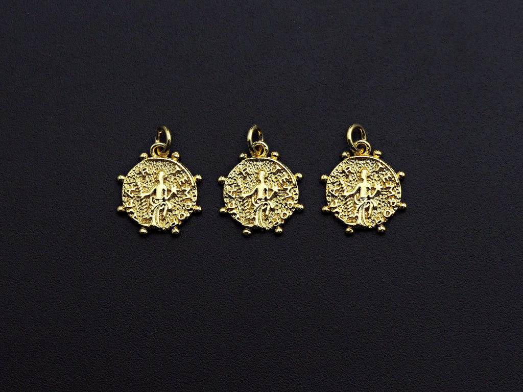 Medallion Dancing Lady Pendant, Embossment Disc Pendant, Cubic Zirconia Pendant, Gold Tone, 13mm, Sku#Z802