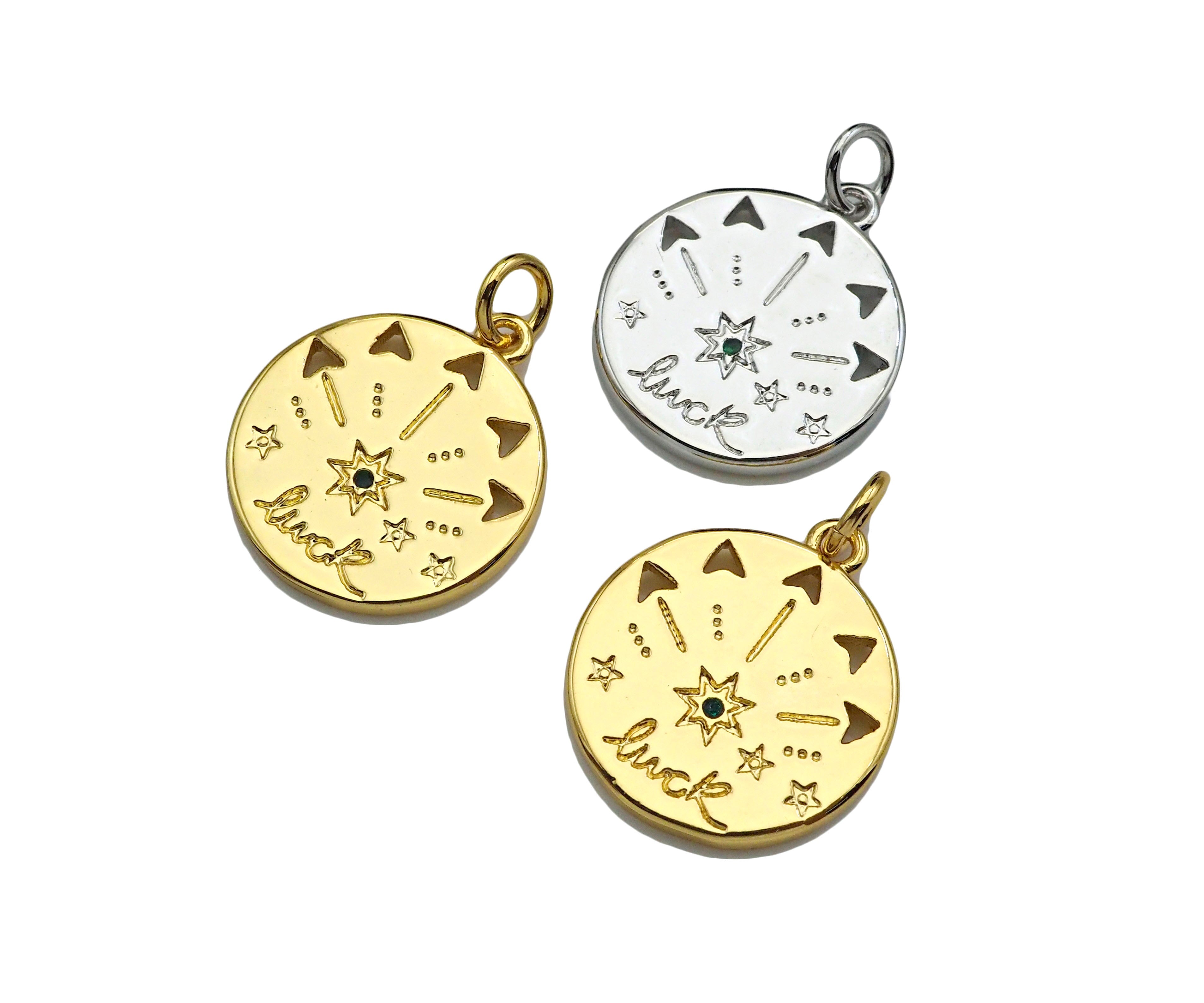 CZ Micro Pave Luck North Star Coin Pendant/Charm,Sku#L405