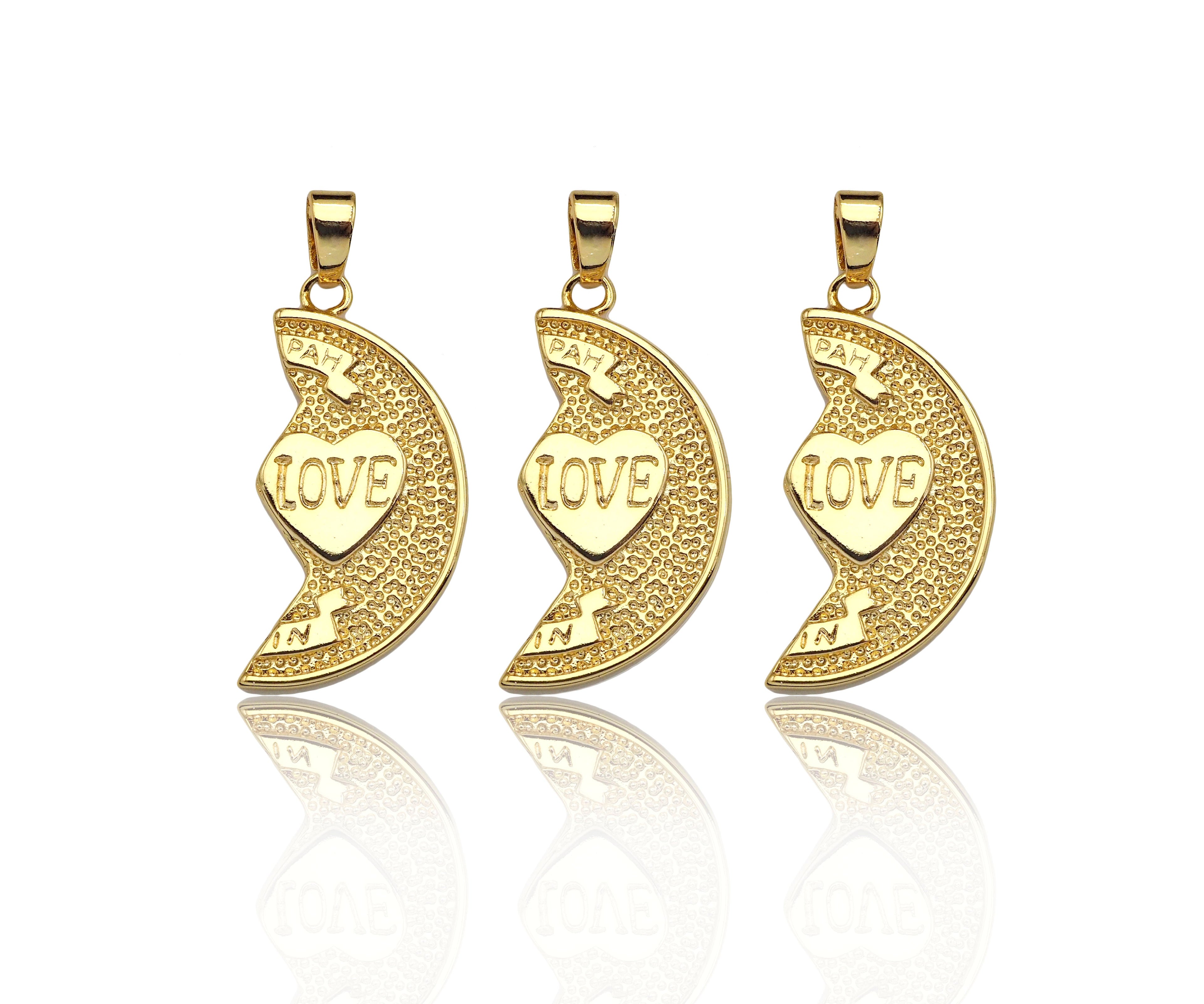 Love Heart On Cresent Moon Shape Pendant,18K Gold Charm, Necklace Bracelet Charm Pendant,16x30mm,Sku#FH164