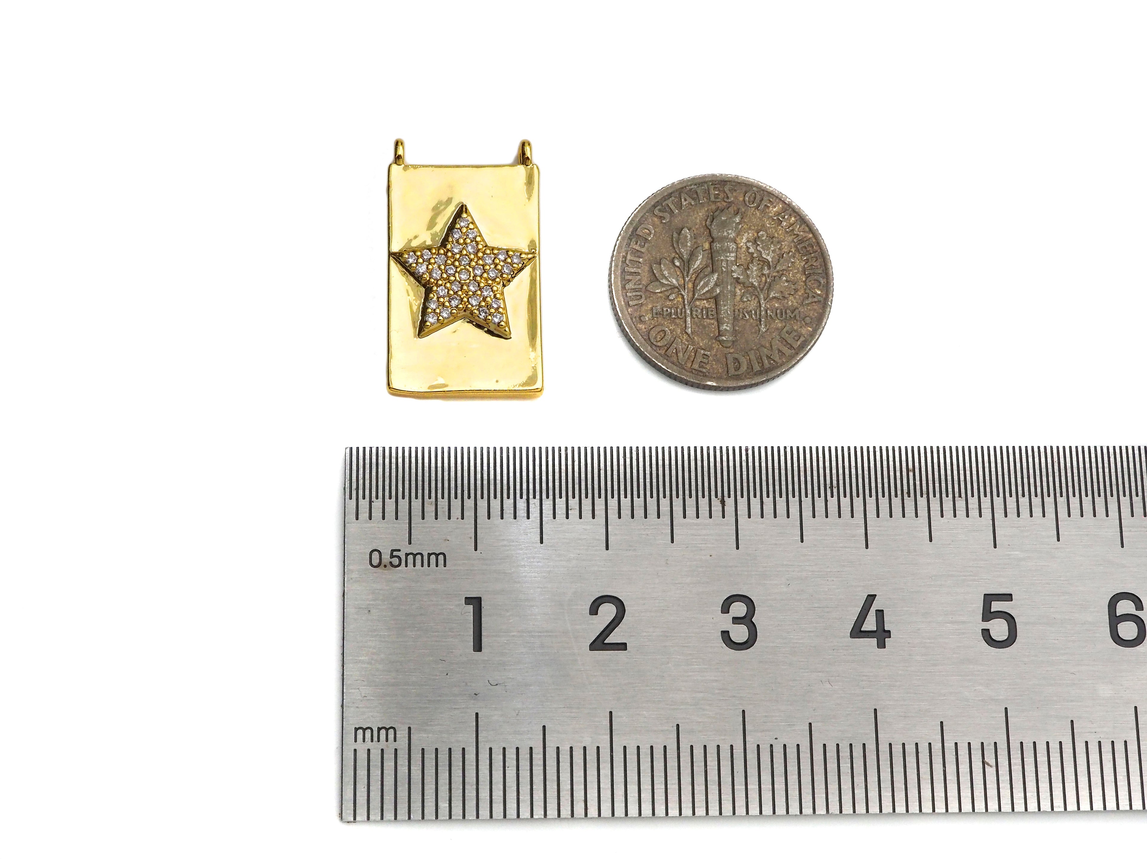 CZ Micro Pave Cresent Heart Star Cross On Rectangle Charms, Dainty Gold Charms Pendant, Rectangle Necklace Pendant, 12x21mm, Sku#F1346