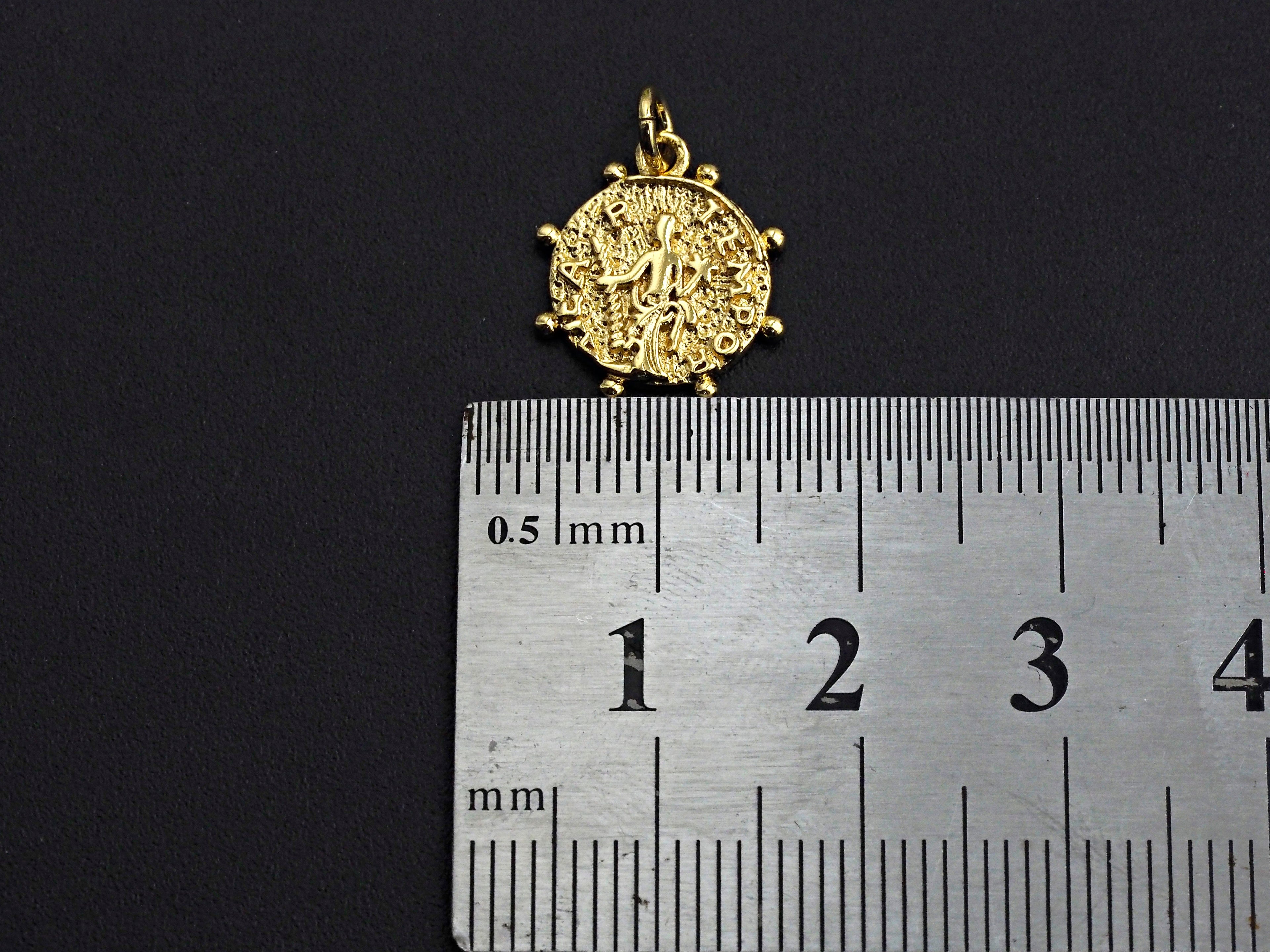 Medallion Dancing Lady Pendant, Embossment Disc Pendant, Cubic Zirconia Pendant, Gold Tone, 13mm, Sku#Z802