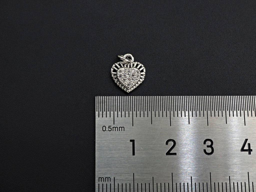 CZ Micro Pave Heart Shaped Pendant/Charm with Lace Edge, Clear Cubic Zirconia Pave Charm, Silver/Gold Plated, 10x11mm, sku#F1136