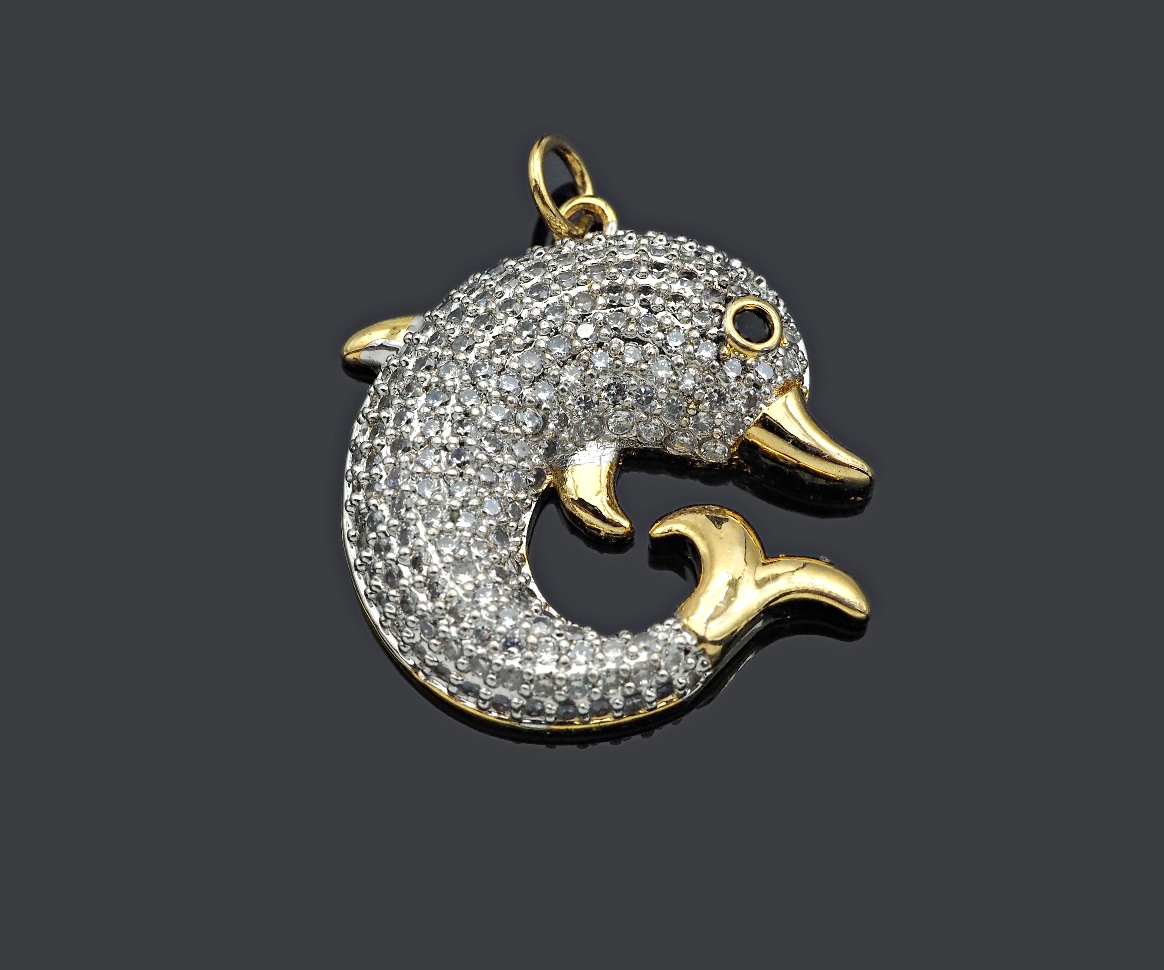 Gold Dolphin Shape CZ Micro Pave Charms,  23x25mm, Sku#F1278C