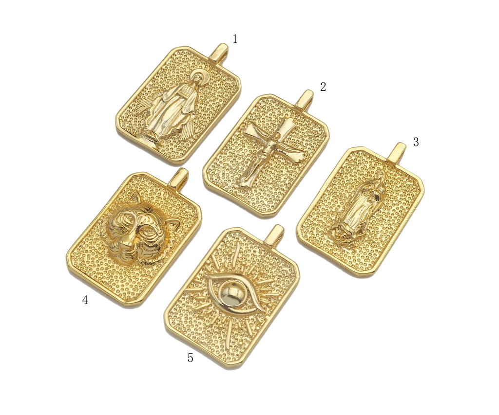 18K Dainty Gold Cross Evil Eye Vigin Mary On Rectangle Charm,Lion Head Medallion Charm, Necklace Bracelet Pendant,16x26mm, Sku#FH150